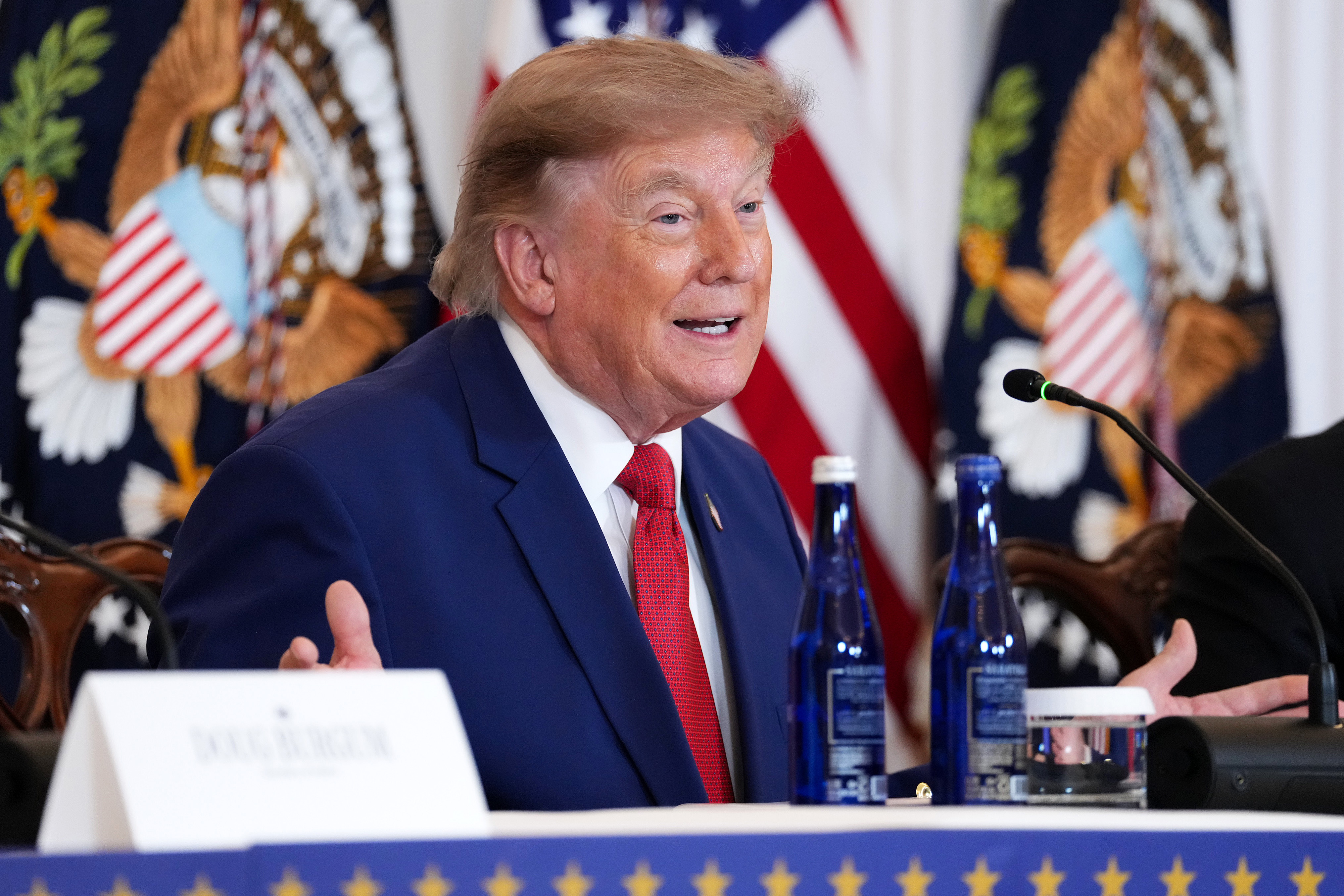 WASHINGTON, DC - AUGUST 07: U.S. President Donald Trump speaks during a roundtable on the American mining industry at the U.S. Department of State on August 07, 2026 in Washington, DC. Trump attended the event as his administration aims to secure additional supplies of critical minerals in an effort to replenish weapons stockpiles&nbsp;that have been depleted during the U.S. conflict with Iran.  (Photo by Eric Lee/Getty Images)