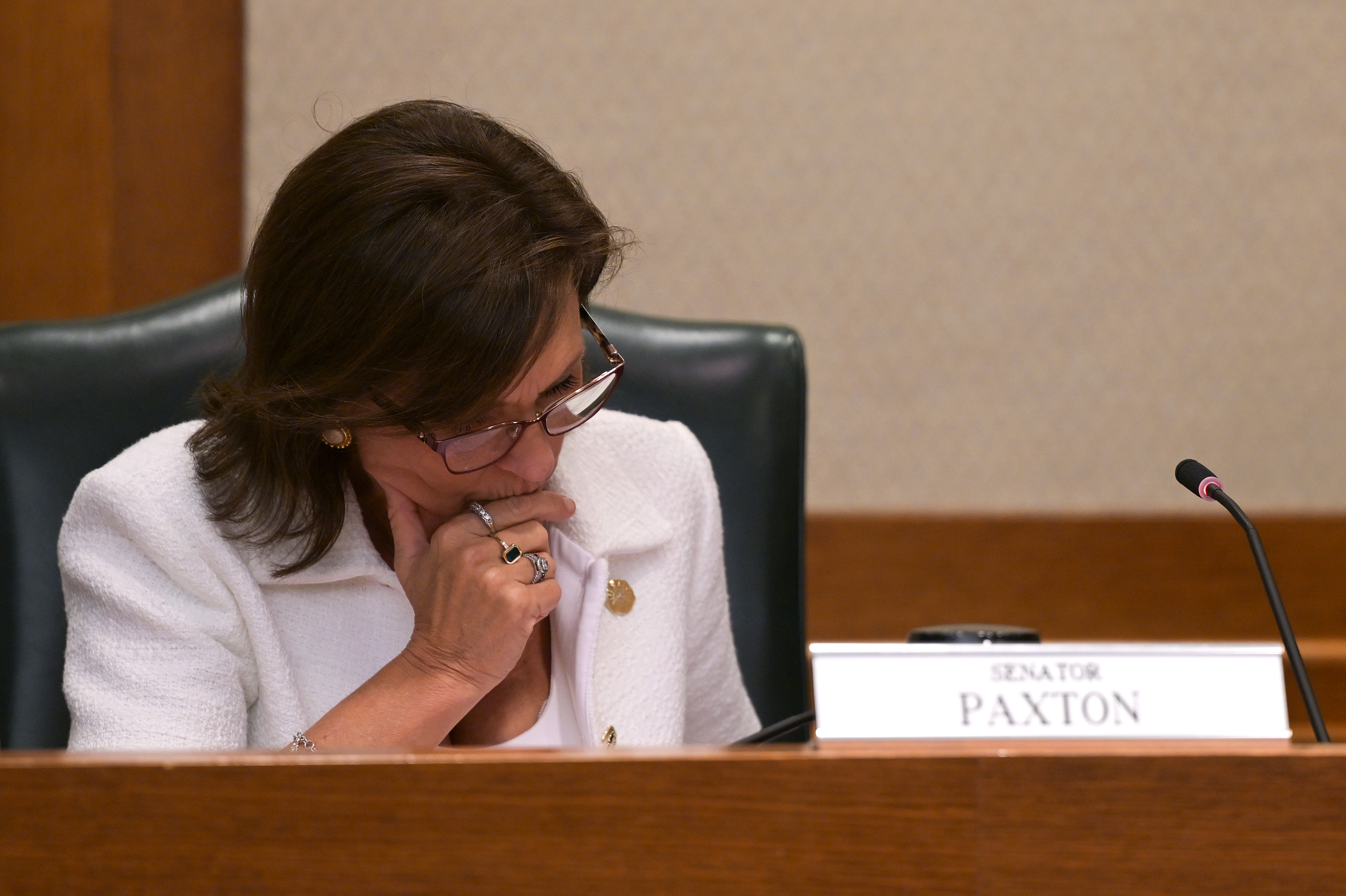 AUSTIN, TX - AUGUST 06: Texas State Sen. Angela Paxton (R-TX) looks on as the Senate Special Committee on Congressional Redistricting meets to hear invited testimony on Congressional plan C2308 at the Texas State Capitol on August 6, 2025 in Austin, Texas. Earlier this week, Texas Democratic lawmakers fled the state in an attempt to protest and deny quorum for votes on the proposed Republican redistricting plan, which would secure five additional GOP seats in the U.S. House. Gov. Greg Abbott has threatened to remove lawmakers who do not return and has asked the Texas Supreme Court to expel House Democratic leaders who fled the state. (Photo by Brandon Bell/Getty Images)