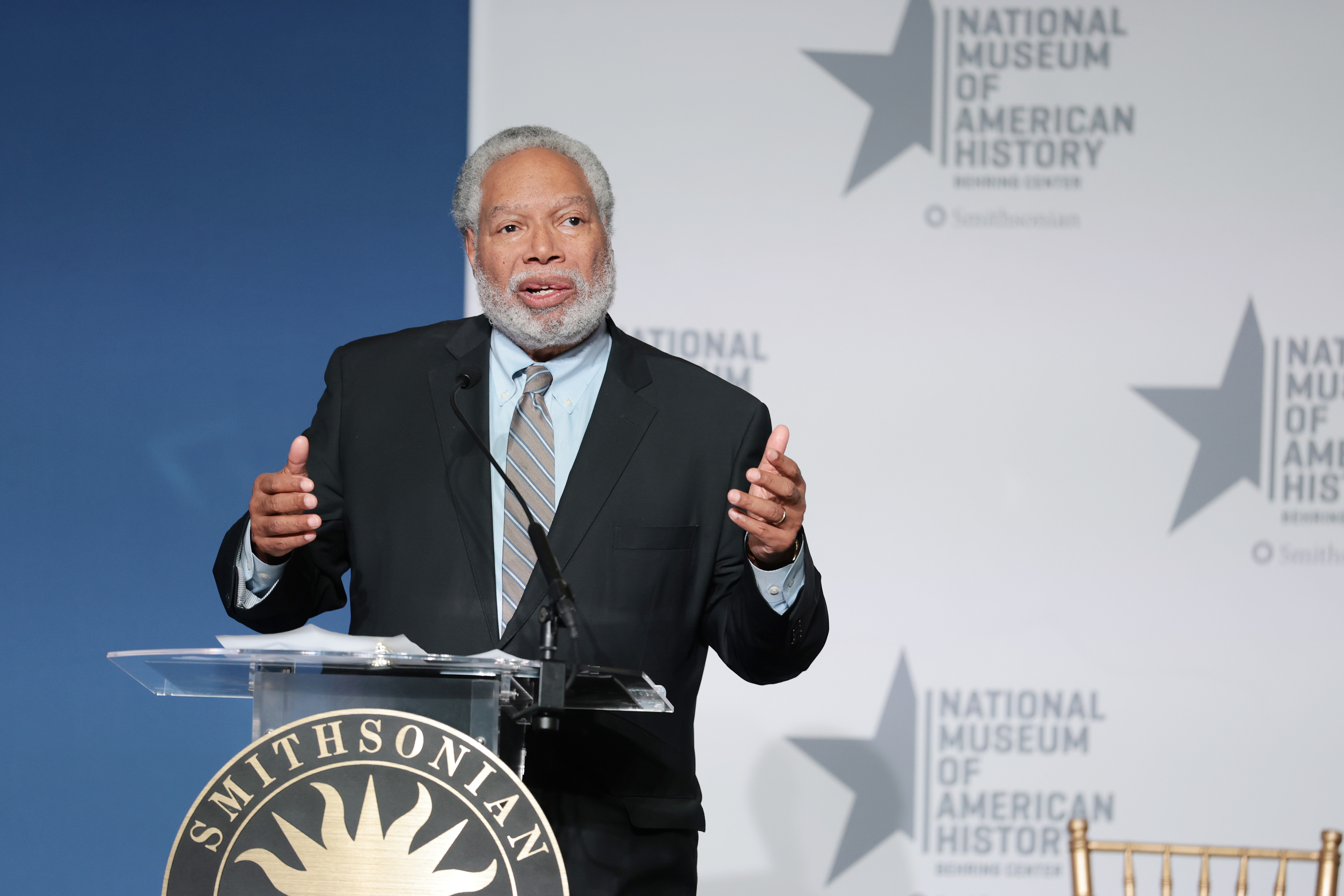 WASHINGTON, DC - FEBRUARY 20: Secretary of the Smithsonian Institution Lonnie Bunch speaks during an event at the Smithsonian National Museum of American History on February 20, 2026 in Washington, DC. Mrs. Trump donated her second inaugural dress to the museum, which was designed by fashion designer Herve Pierre, who also designed her first inauguration dress. (Photo by Anna Moneymaker/Getty Images)