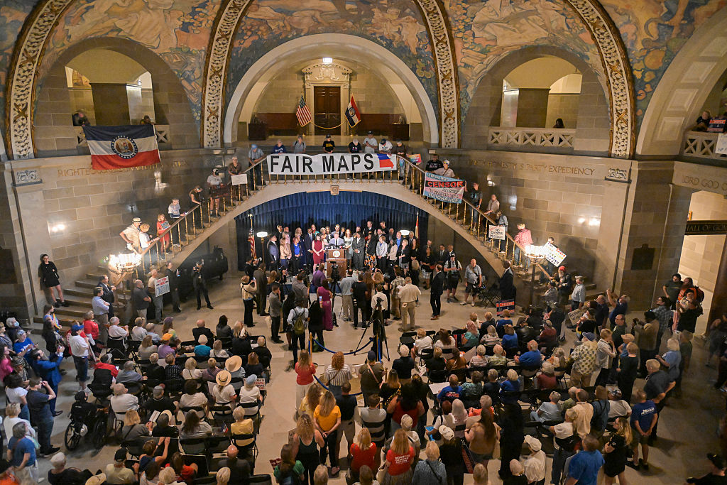JEFFERSON CITY, MISSOURI - SEPTEMBER 10: Missouri Senator Doug Beck speaks during a press conference inside the rotunda of the Missouri State Capitol Building on September 10, 2025 in Jefferson City, Missouri. Activists and concerned voters descended on the Missouri Capitol to protest the current plan on redistricting maps ahead of the midterm elections. (Photo by Michael Thomas/Getty Images)
