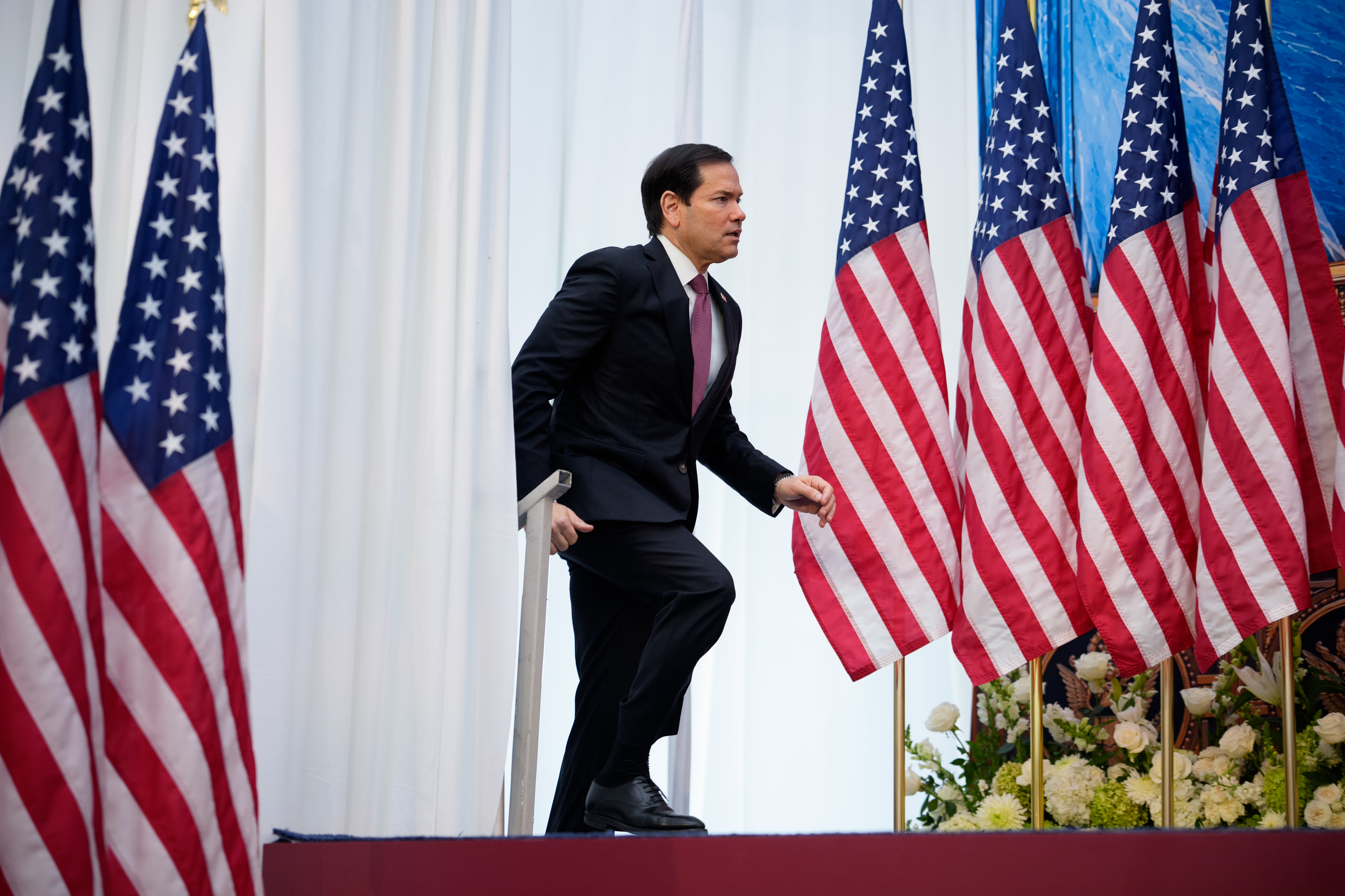 WASHINGTON, DC - SEPTEMBER 3: Secretary of State Marco Rubio takes the stage to speak during the Foundry School launch event at the U.S. Institute of Peace on September 3, 2026 in Washington, DC. Foundry School is a national program launched by the Trump administration to train skilled workers to help rebuild American manufacturing as part of a Department of State initiative called Pax Silica. (Photo by Andrew Harnik/Getty Images)