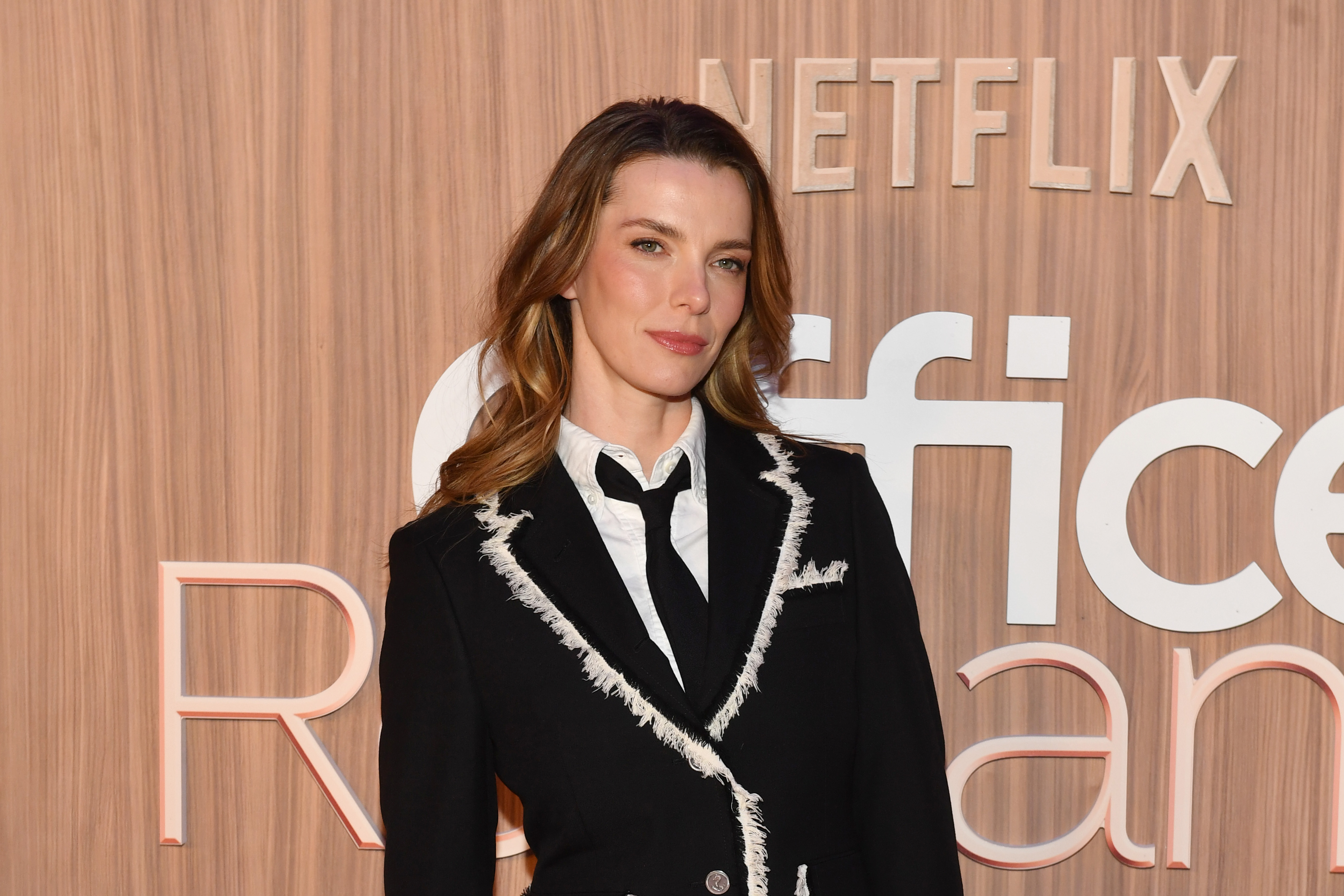 NEW YORK, NEW YORK - JUNE 02: Betty Gilpin attends the New York Fan Premiere of Office Romance at Regal Union Square on June 02, 2026 in New York City. (Photo by Noam Galai/Getty Images for Netflix)