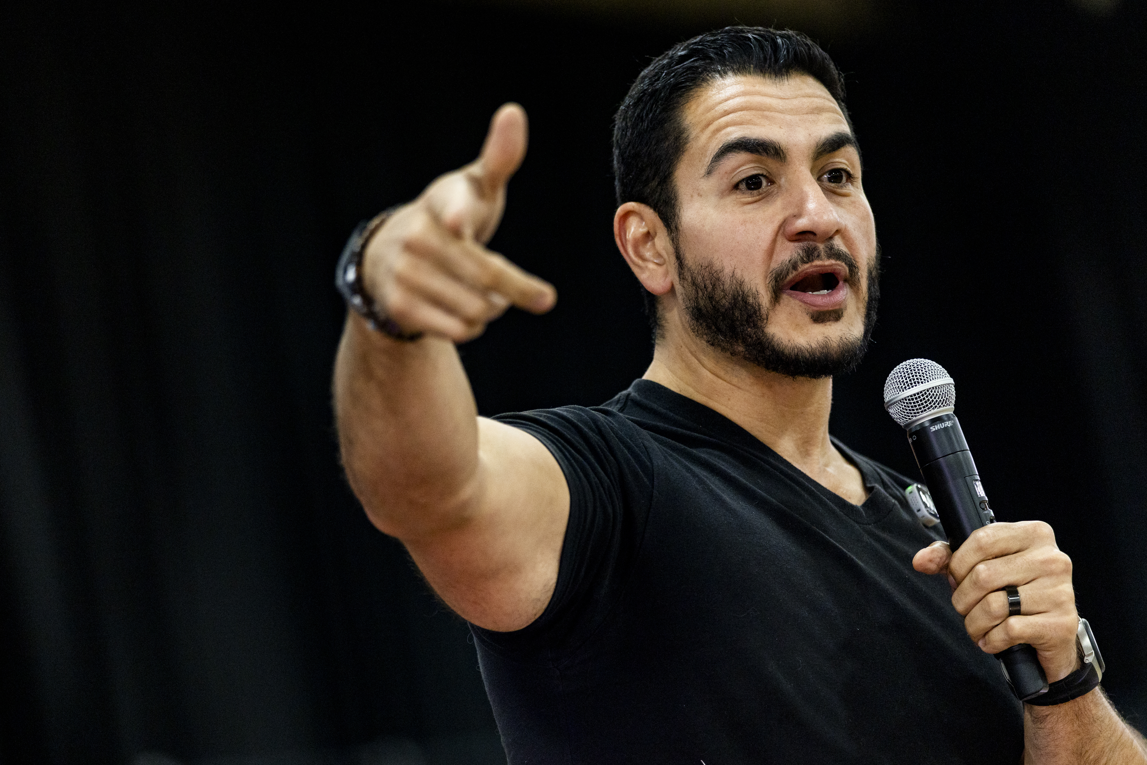 Democratic candidate for Senate Abdul El-Sayed answers questions from attendees on September 3, 2026 at the Oakland Expo Center in Waterford, Michigan (Photo by Emily Elconin/Getty Images)