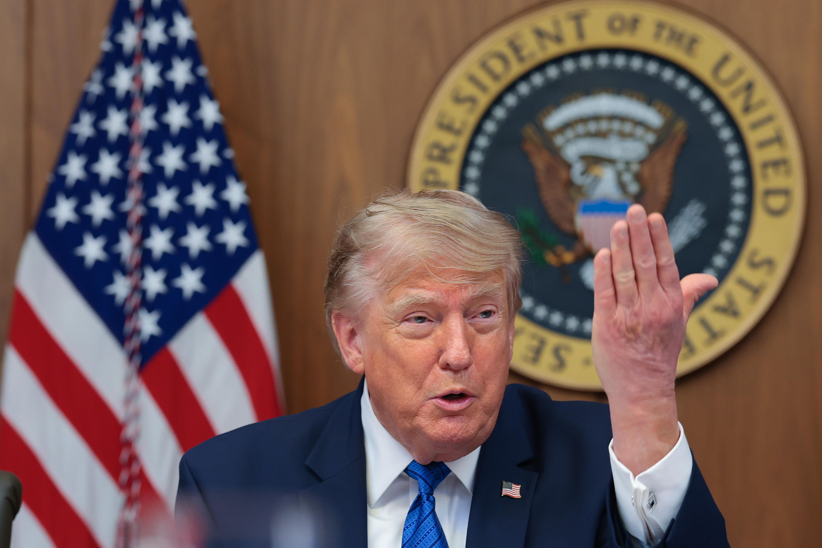 CAMP DAVID, MARYLAND - JULY 31:  U.S. President Donald Trump answers questions from reporters during a Cabinet meeting at Camp David, the presidential retreat, on July 31, 2026 in Camp David, Maryland. Trump convened members of his Cabinet at the presidential retreat as the war with Iran continues.  (Photo by Anna Moneymaker/Getty Images)