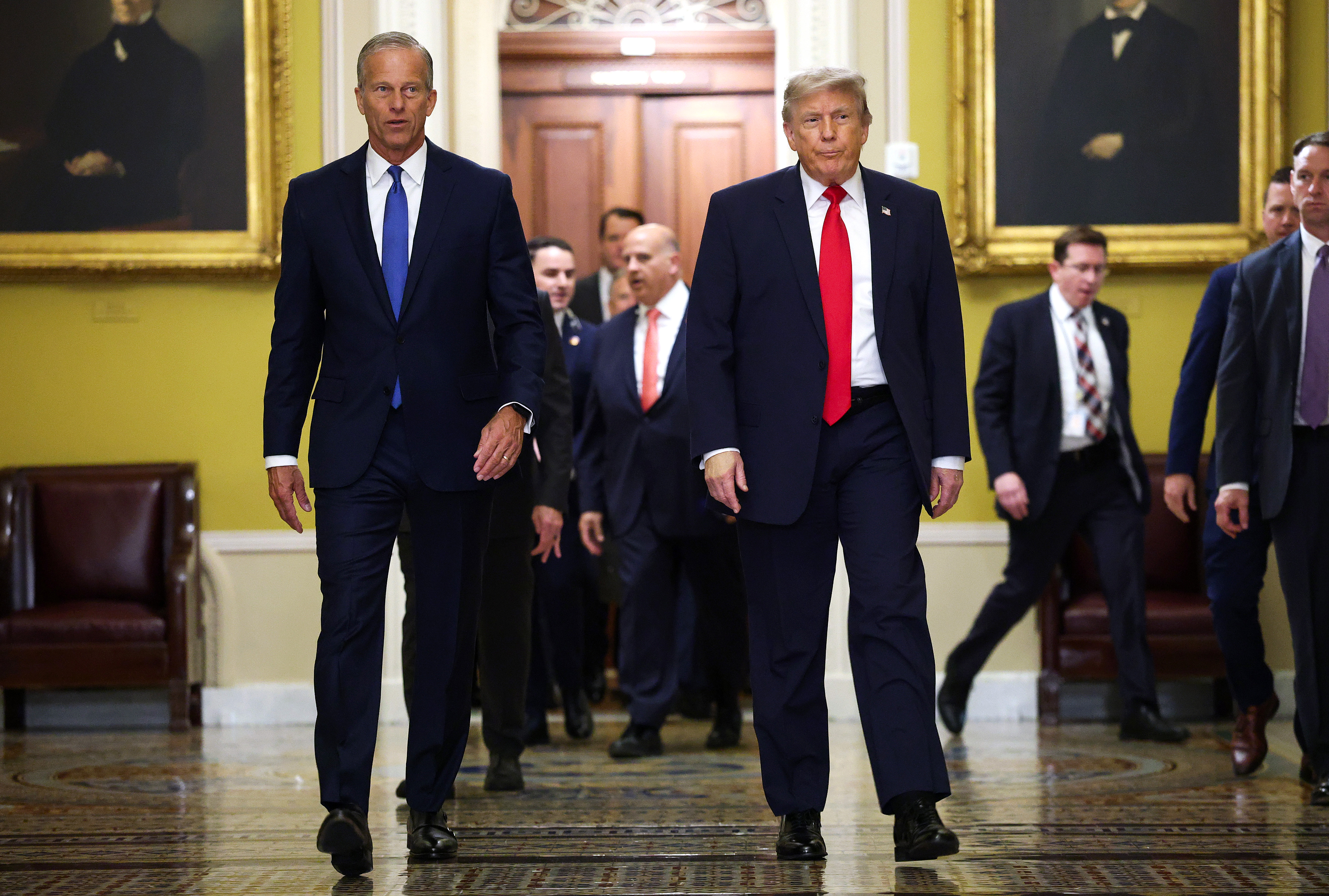 WASHINGTON, DC - JUNE 24: U.S. Senate Majority Leader John Thune (R-SD) (L) and U.S. President Donald Trump arrive at the U.S. Capitol on June 24, 2026 in Washington, DC. President Trump is visiting Capitol Hill to attend a closed-door luncheon with the Republican Senate Steering Committee to push his SAVE America Act, which would impose strict voter ID and proof-of-citizenship requirements in federal elections. (Photo by Kevin Dietsch/Getty Images)