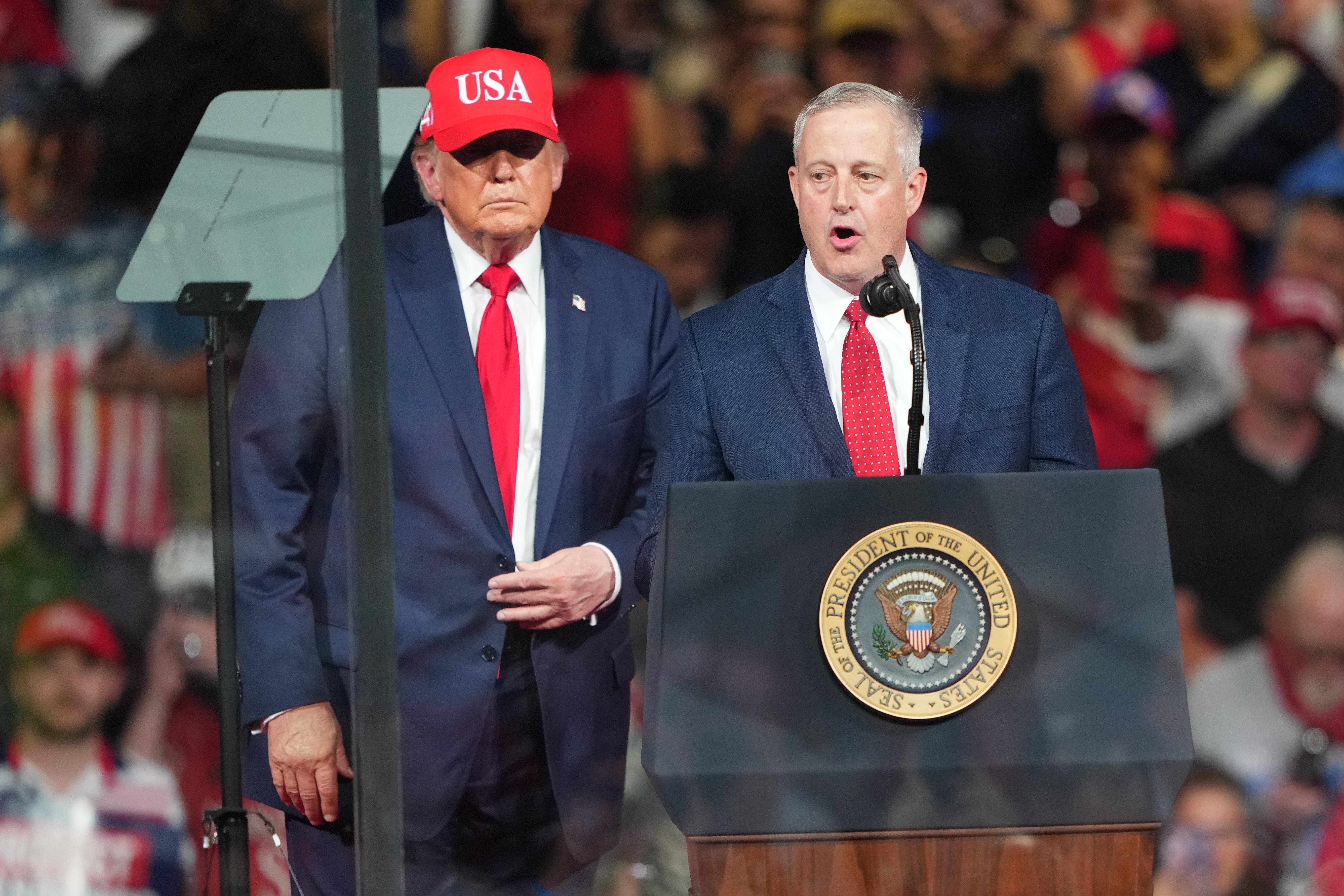 Michael Whatley, North Carolina senatorial candidate, right, and President Donald Trump speak during a campaign rally at the Gastonia Municipal Airport, Wednesday, Sept. 16, 2026, in Gastonia, N.C. (AP Photo/Matt Kelley)