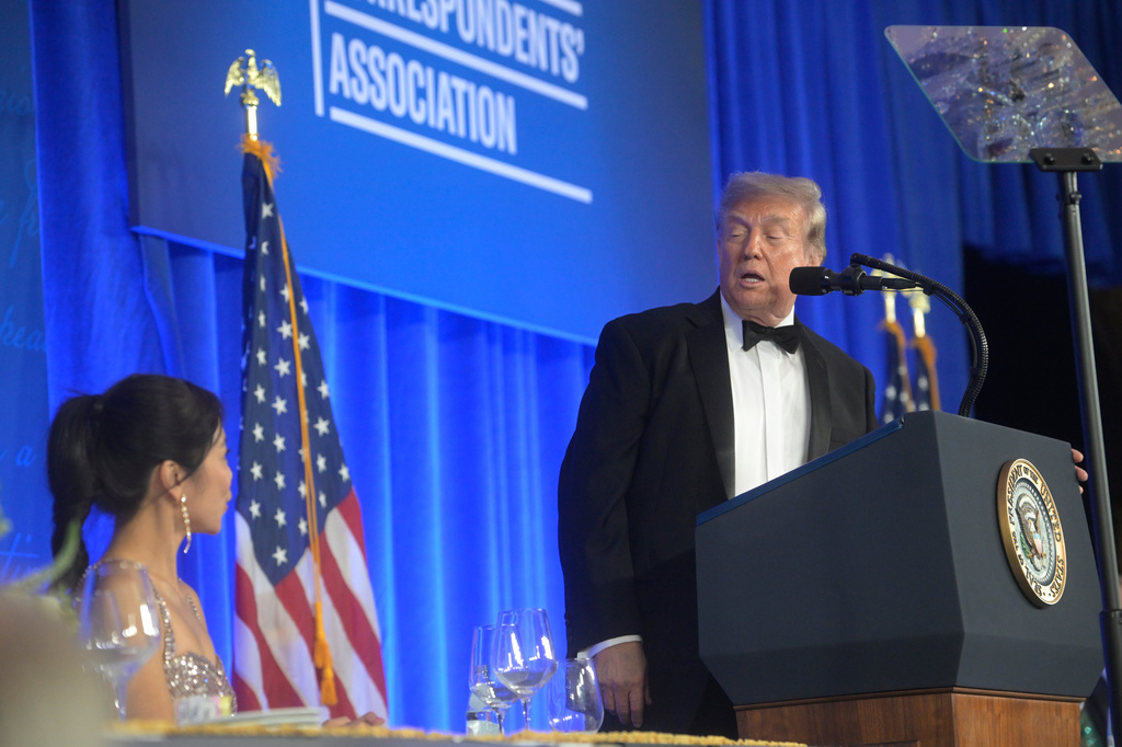 President Donald Trump speaks at the White House Correspondents' Association dinner at the Waldorf Astoria Washington DC, Friday, July 24, 2026, in Washington, as outgoing WHCA president Weijia Jiang listens. (AP Photo/Rod Lamkey, Jr.)
