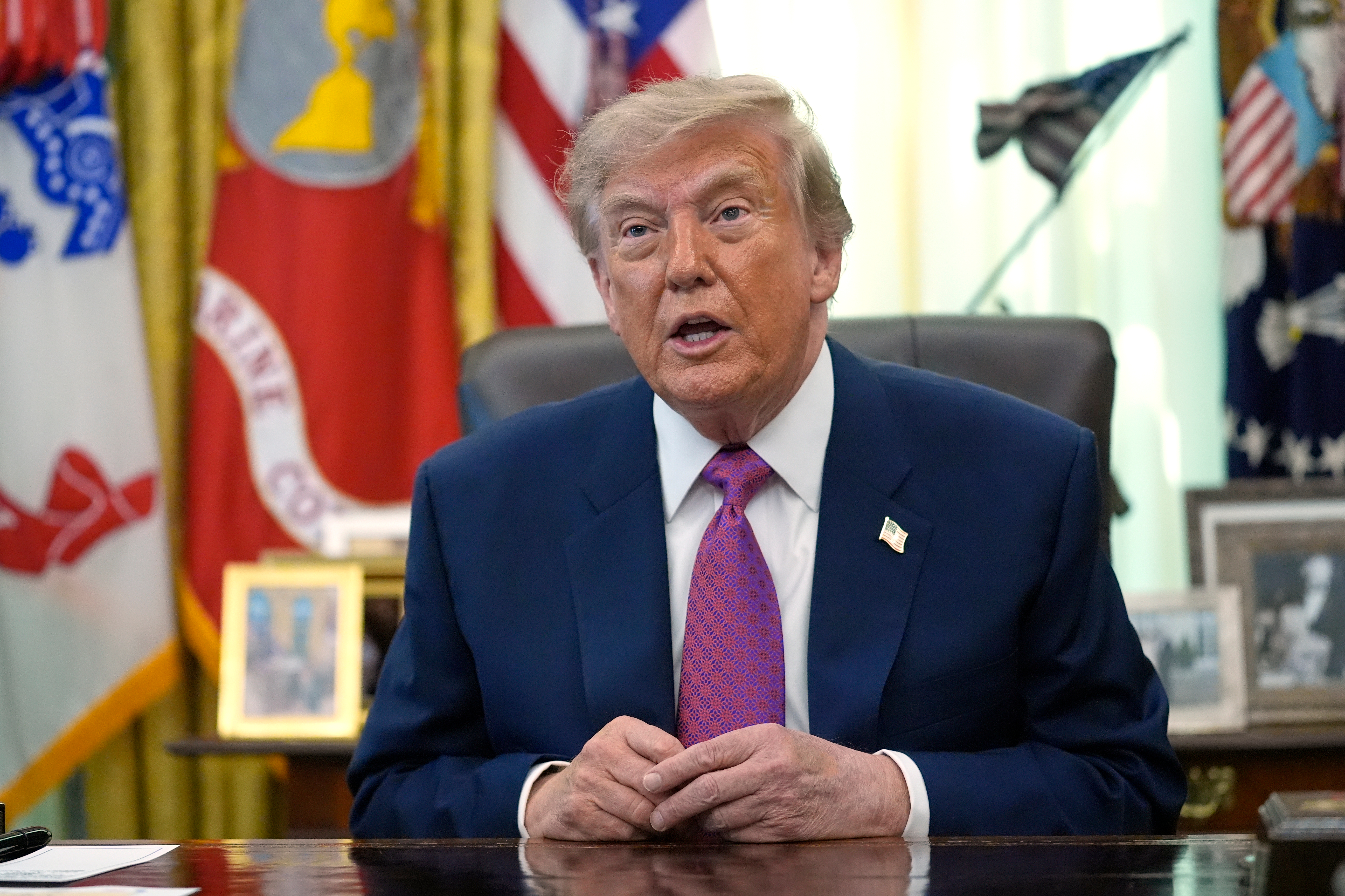 President Donald Trump speaks in the Oval Office of the White House, Thursday, Aug. 27, 2026, in Washington. (AP Photo/Manuel Balce Ceneta)
