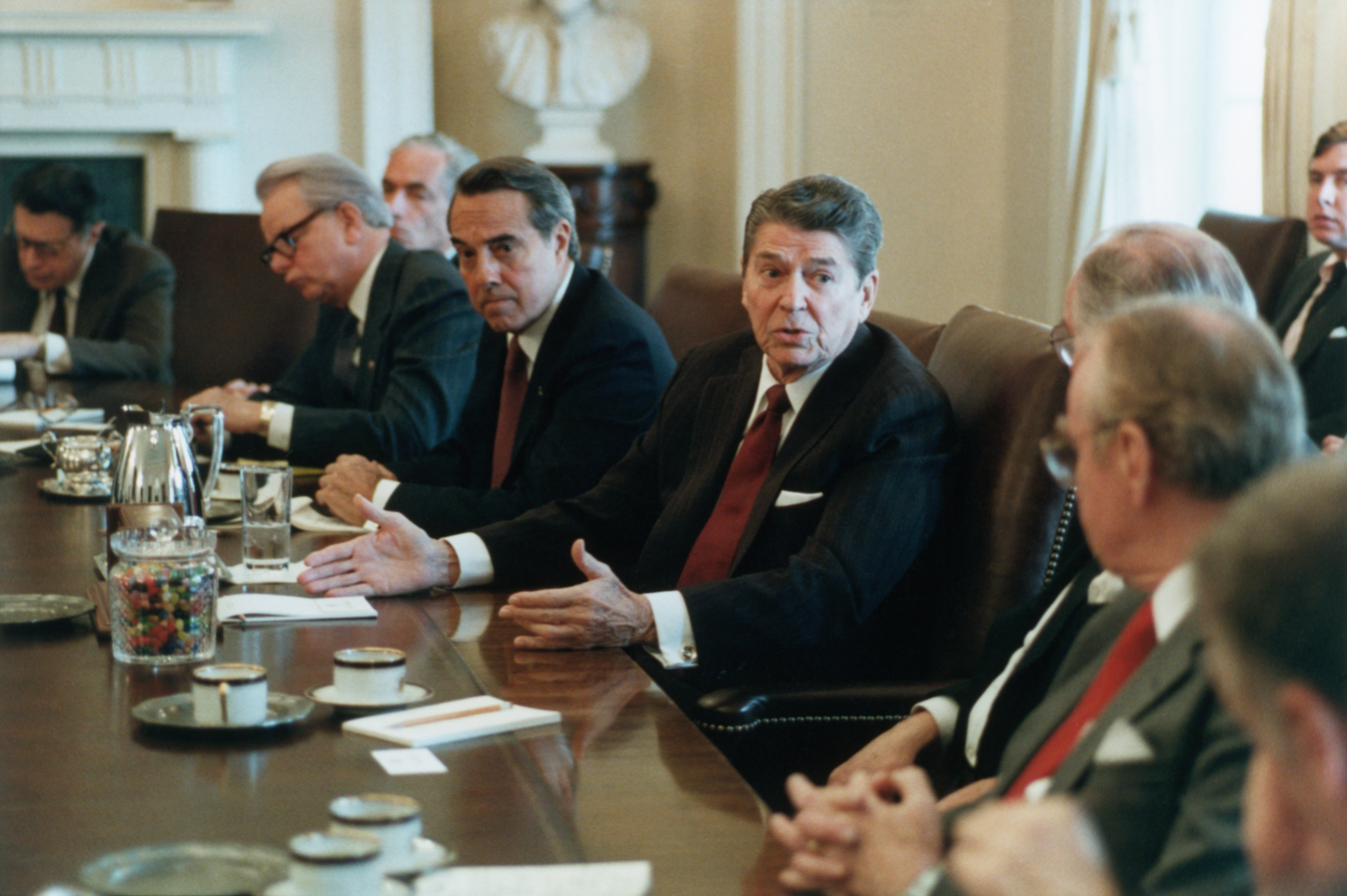President Ronald Reagan informs congressional leaders about the apparent diversion of funds from the arms sale to Iran. (Photo by © CORBIS/Corbis via Getty Images)
