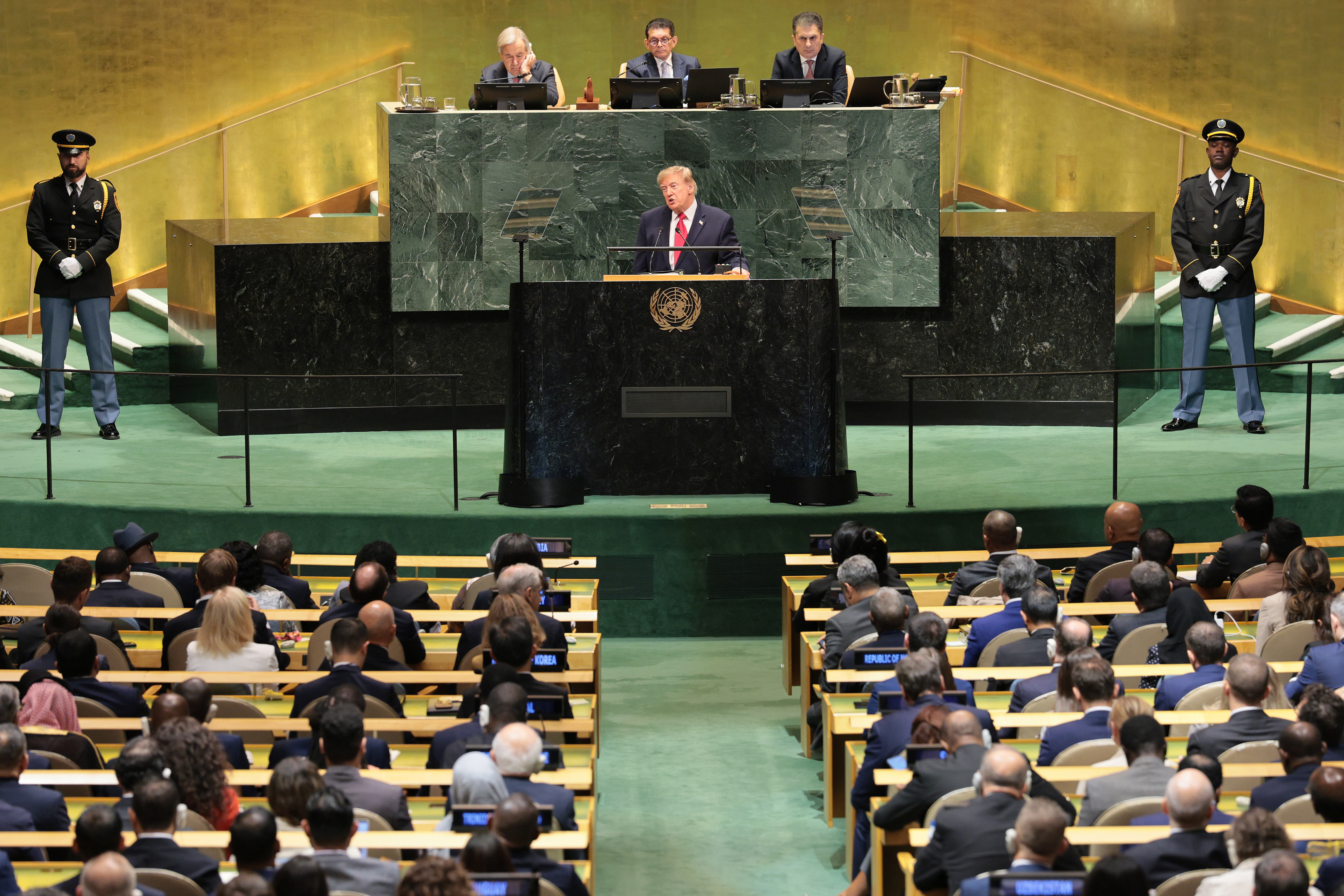 NEW YORK, NEW YORK - SEPTEMBER 22: U.S. President Donald Trump speaks during the 81st session of the United Nations (U.N.) General Assembly at U.N. Headquarters on September 22, 2026 in New York City. World leaders have gathered in New York for the annual session of the United Nations General Assembly, with this year's global issues ranging from the threat of artificial intelligence to the continued wars in Ukraine and Gaza. (Photo by Michael M. Santiago/Getty Images)