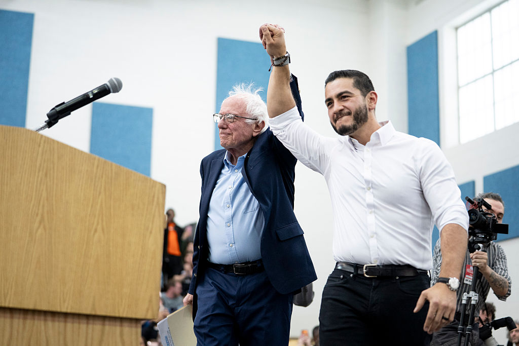 DETROIT, MICHIGAN - MAY 03: U.S. Sen. Bernie Sanders (I-VT) is introduced by Senate candidate Abdul El-Sayed at Mumford High School on May 3, 2026 in Detroit, Michigan. Sanders is visiting the mid-west on his 'Fighting Oligarchy: Where We Go From Here' tour. (Photo by Sarah Rice/Getty Images)