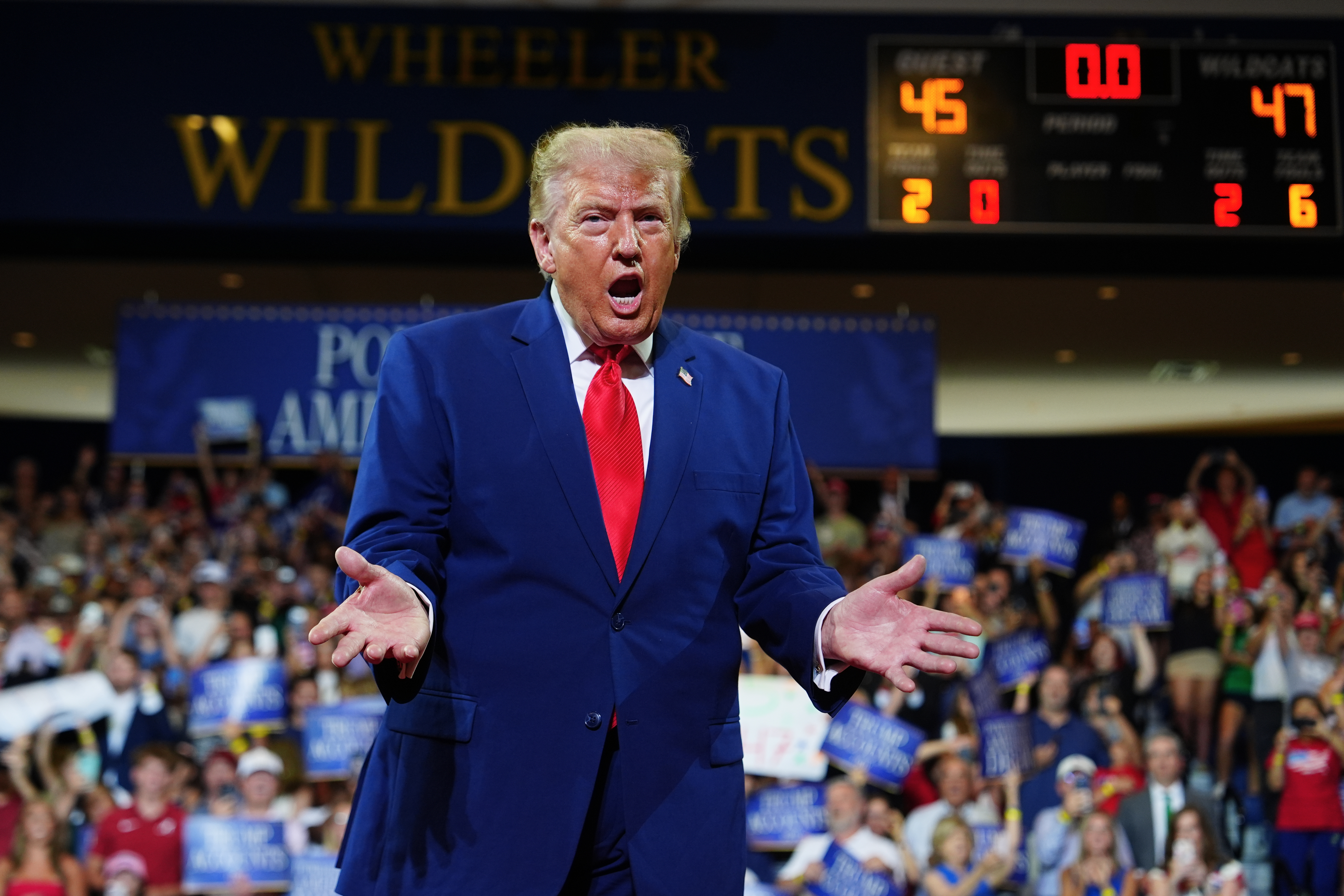 President Donald Trump appears on stage at Wheeler High School, Wednesday, July 22, 2026, in Marietta, Ga. (AP Photo/Julia Demaree Nikhinson)