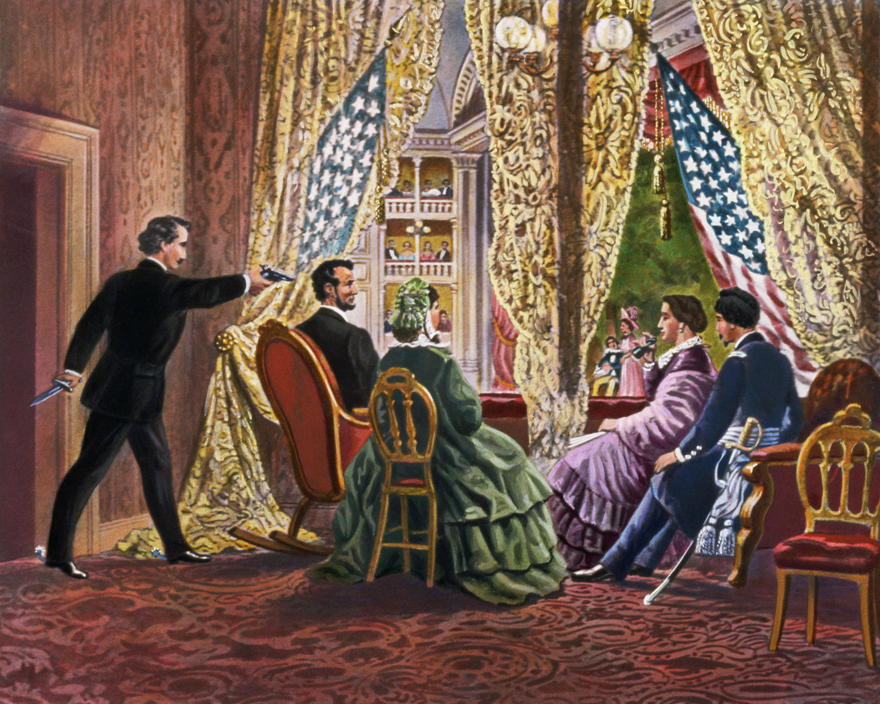 John Wilkes Booth leans forward to shoot President Abraham Lincoln as he watches a play at Ford's Theater in Washington, D.C, in 1865.