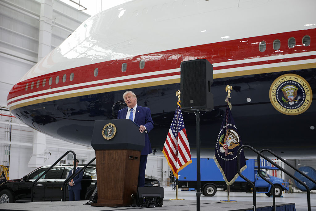 JOINT BASE ANDREWS, MARYLAND - JUNE 19: U.S. President Donald Trump delivers remarks after touring the newest aircraft in the presidential fleet at Andrews Air Force Base on June 19, 2026 at Joint Base Andrews, Maryland. The Qatari royal family gifted the lavish $400 million, 13-year-old Boeing 747-8 to the U.S. Air Force to be used as the new Air Force One. (Photo by Alex Wong/Getty Images)