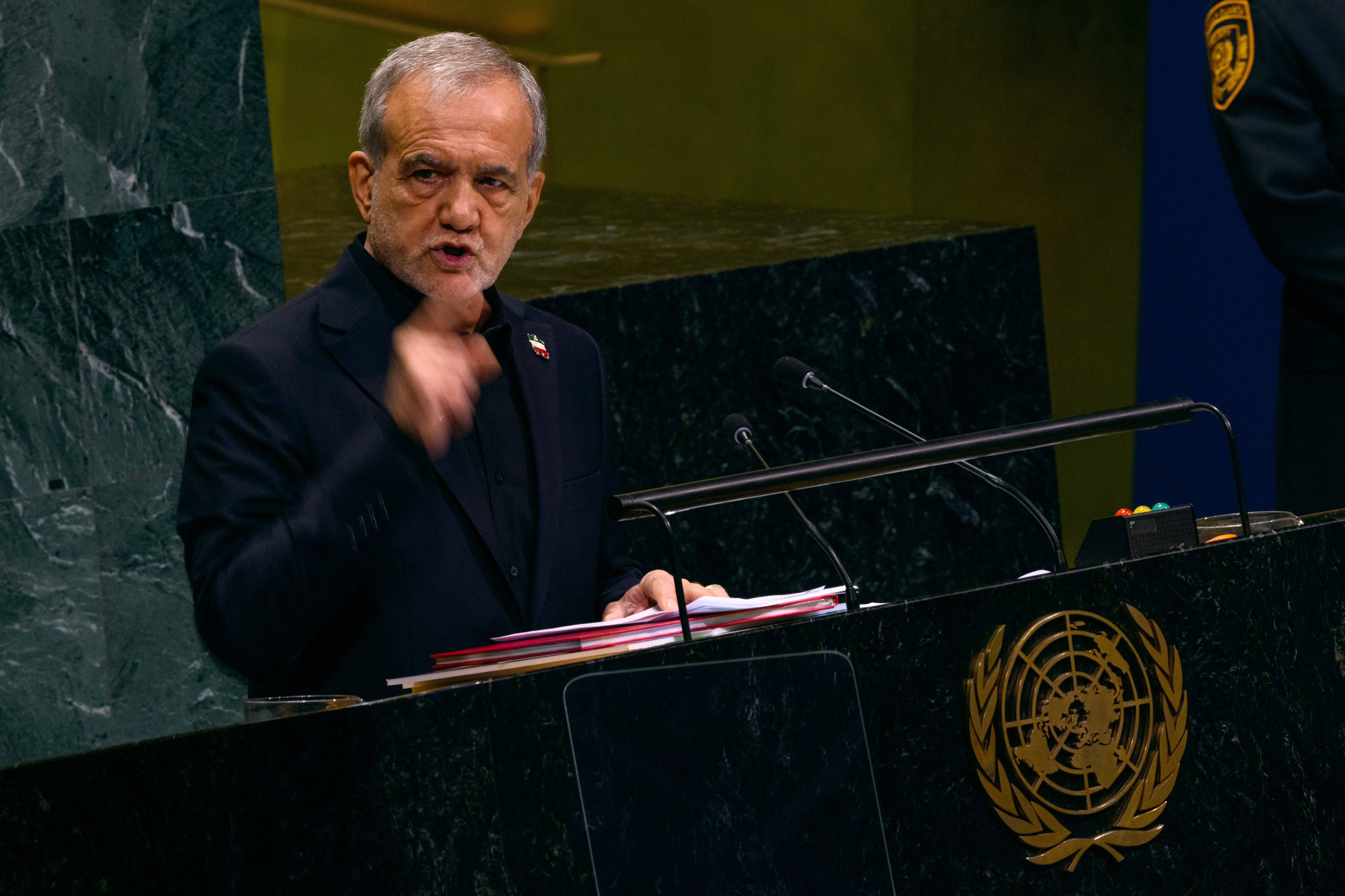 NEW YORK, NEW YORK - SEPTEMBER 23: President of Iran Masoud Pezeshkian speaks  during the 81st session of the United Nations (U.N.) General Assembly at U.N. Headquarters on September 23, 2026 in New York City. World leaders have gathered in New York for the annual session of the United Nations General Assembly, with this year's global issues ranging from the threat of artificial intelligence to the continued wars in Ukraine and Gaza. (Photo by Alexi J. Rosenfeld/Getty Images)