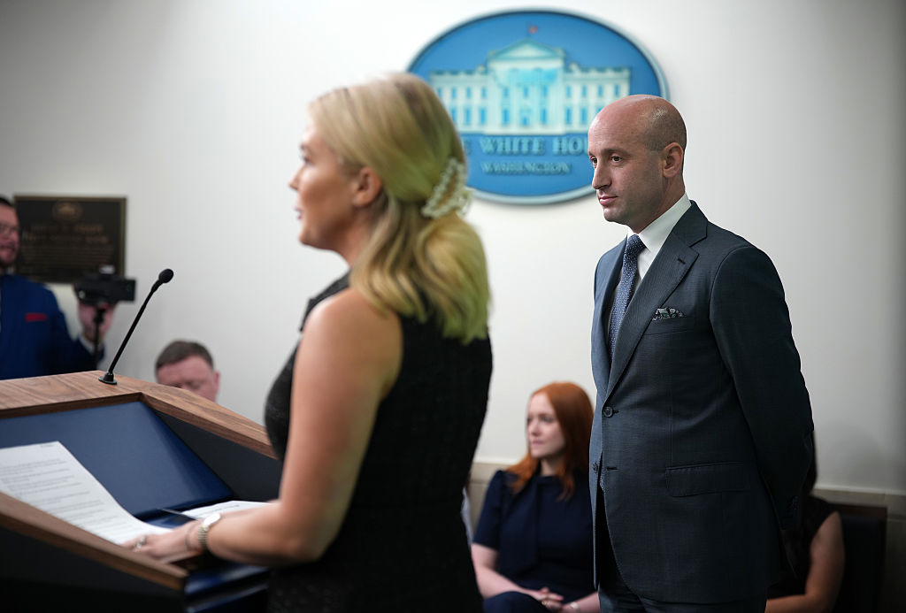 WASHINGTON, DC - MAY 01: White House Deputy Chief of Staff Stephen Miller joins White House press secretary Karoline Leavitt at the daily press briefing in the Brady Press Briefing Room at the White House on May 1, 2025 in Washington, DC. This week marks the first 100 days of U.S. President Donald Trump's second term. (Photo by Andrew Harnik/Getty Images)