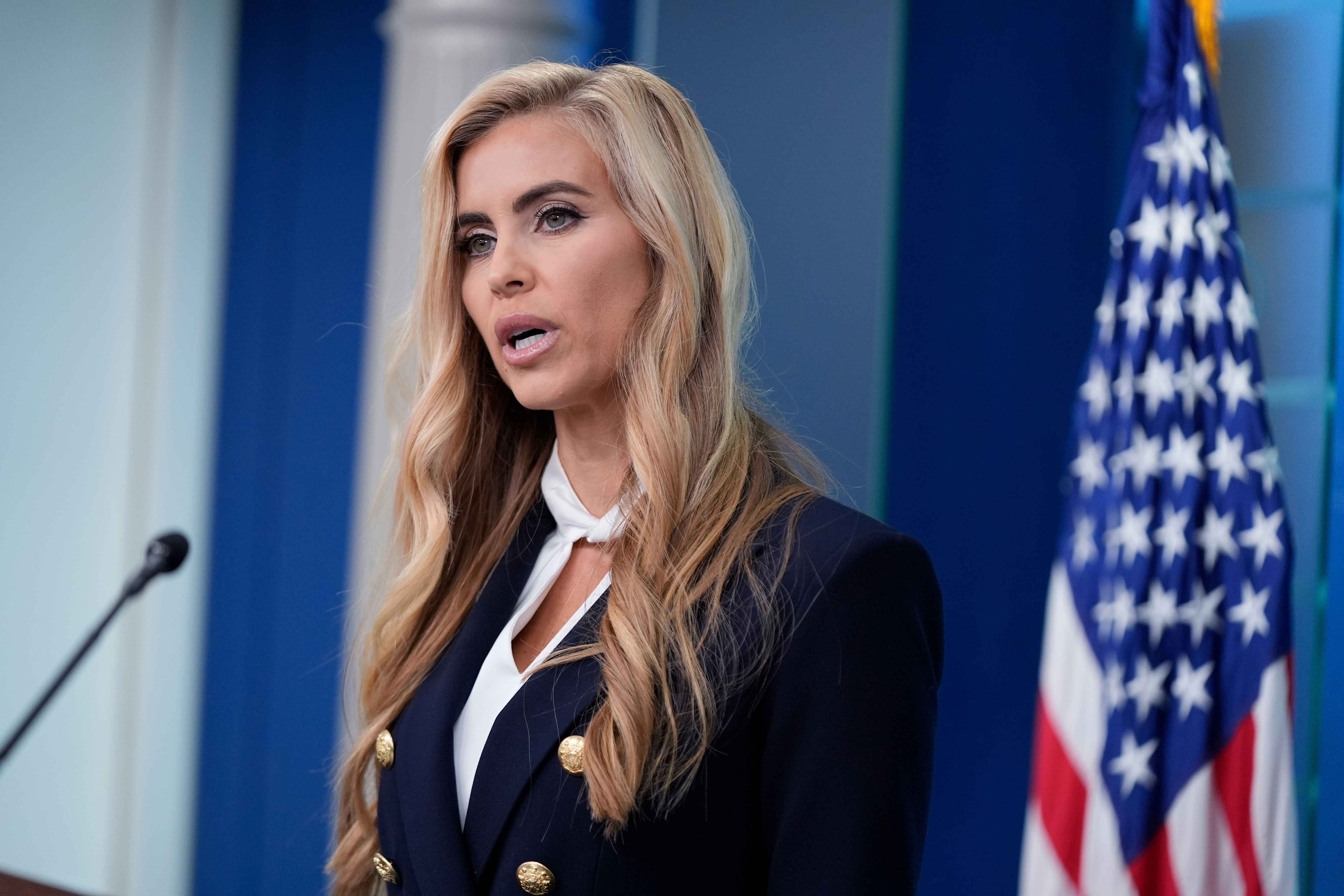 White House press secretary Katie Zacharia speaks with reporters in the James Brady Press Briefing Room at the White House, Tuesday, Oct. 13, 2026, in Washington. (AP Photo/Manuel Balce Ceneta)