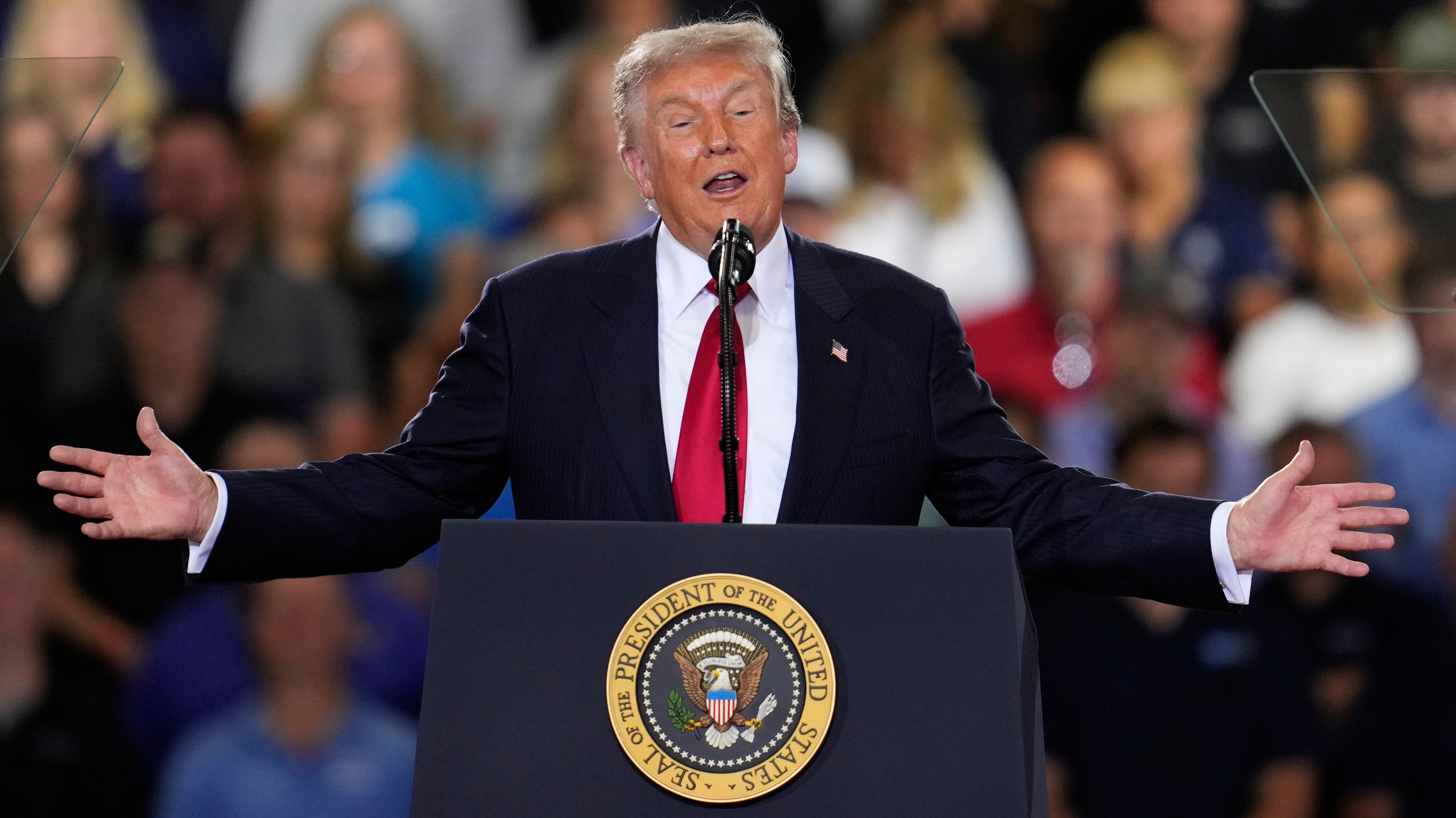 President Donald Trump speaks at an event at the General Motors Proving Ground Monday, July 27, 2026, in Milford, Mich. (AP Photo/Paul Sancya)