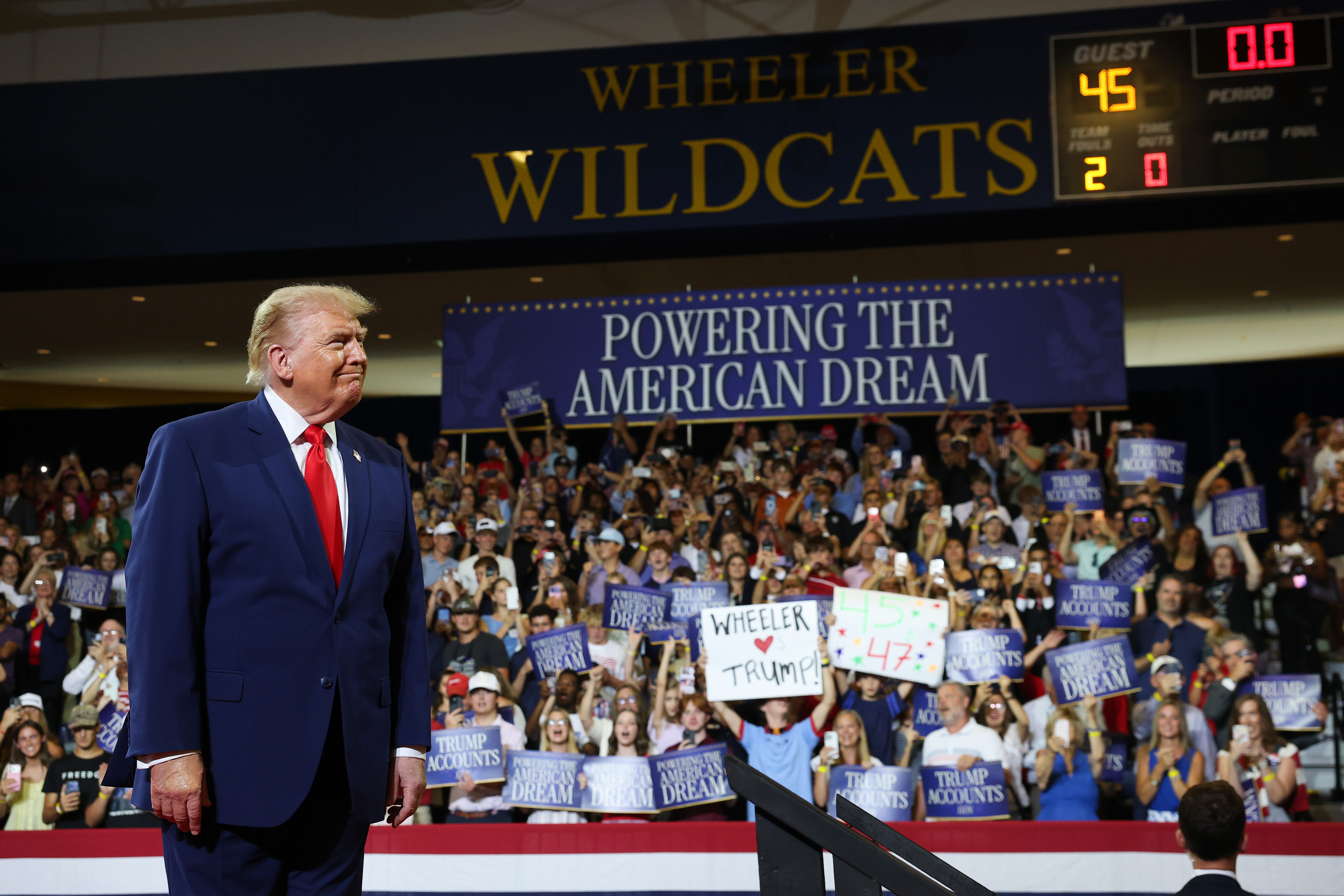 U.S. President Donald Trump arrives to speak at Wheeler High School on July 22, 2026 in Marietta, Georgia. President Trump traveled to the battleground state of Georgia to deliver remarks on...