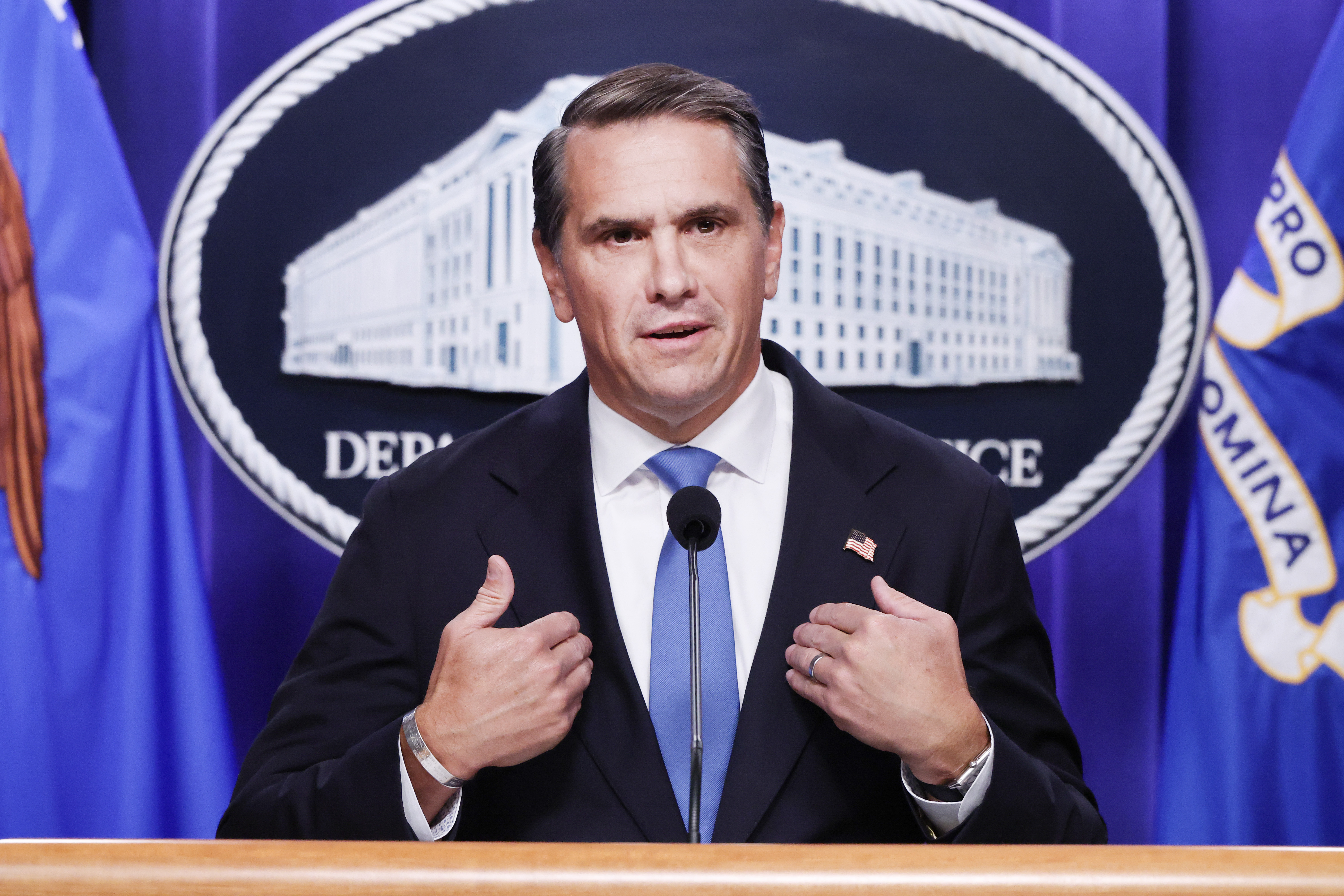 Attorney General Todd Blanche speaks alongside Secretary of Homeland Security Markwayne Mullin during a news conference at the Robert F Kennedy Department of Justice building on September 30, 2026 in Washington, DC (Photo by Anna Moneymaker/Getty Images)