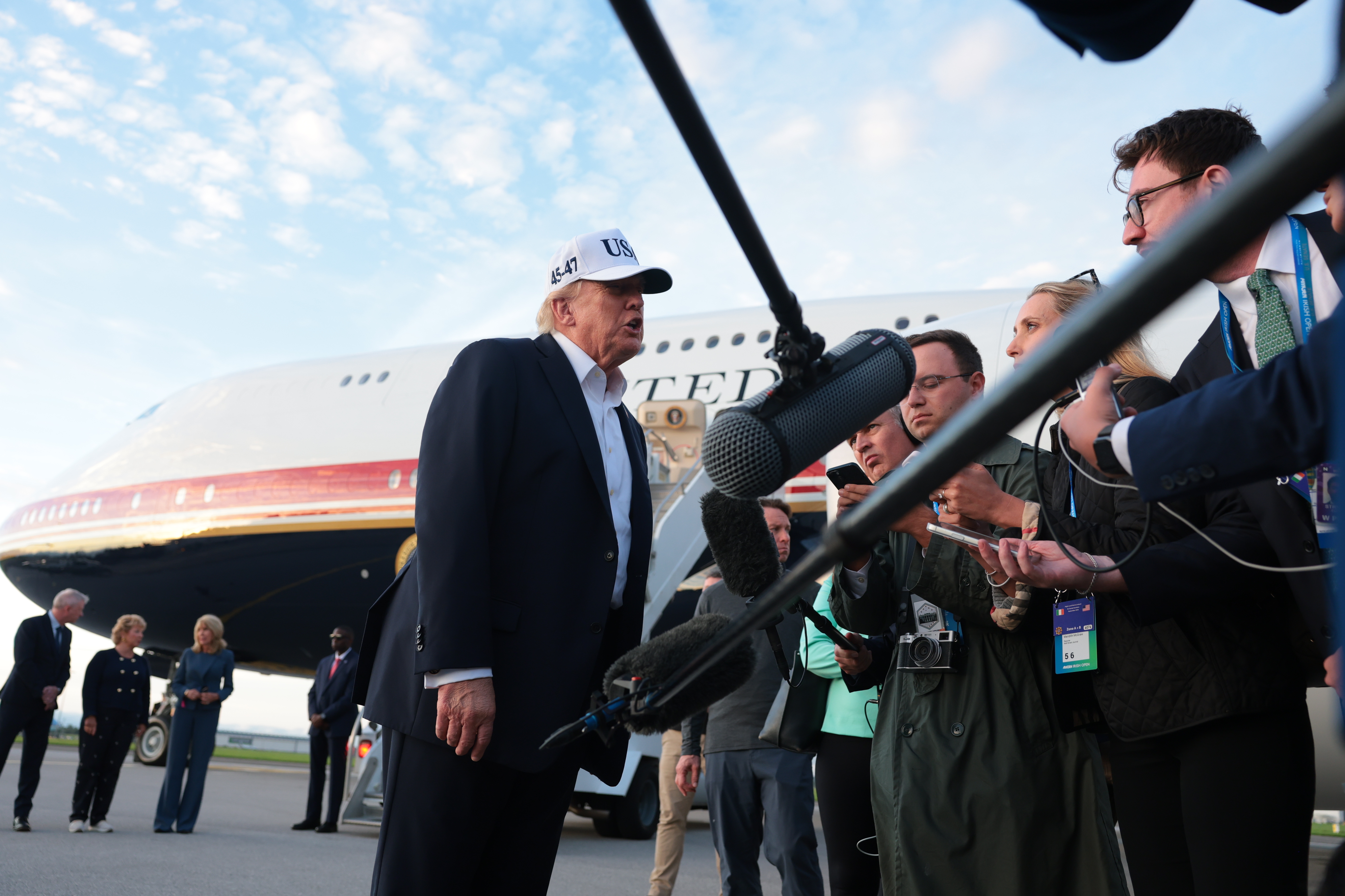 SHANNON, IRELAND - SEPTEMBER 13: U.S. President Donald Trump speaks to the media before boarding Air Force One at Shannon Airport after attending the final day of the Irish Open on September 13, 2026 in Shannon, Ireland. U.S. President Donald Trump is making a two-day visit to Ireland this weekend. Today his trip focuses on attending the Amgen Irish Open golf tournament, which is being hosted at his Doonbeg golf resort. (Photo by Anna Moneymaker/Getty Images)