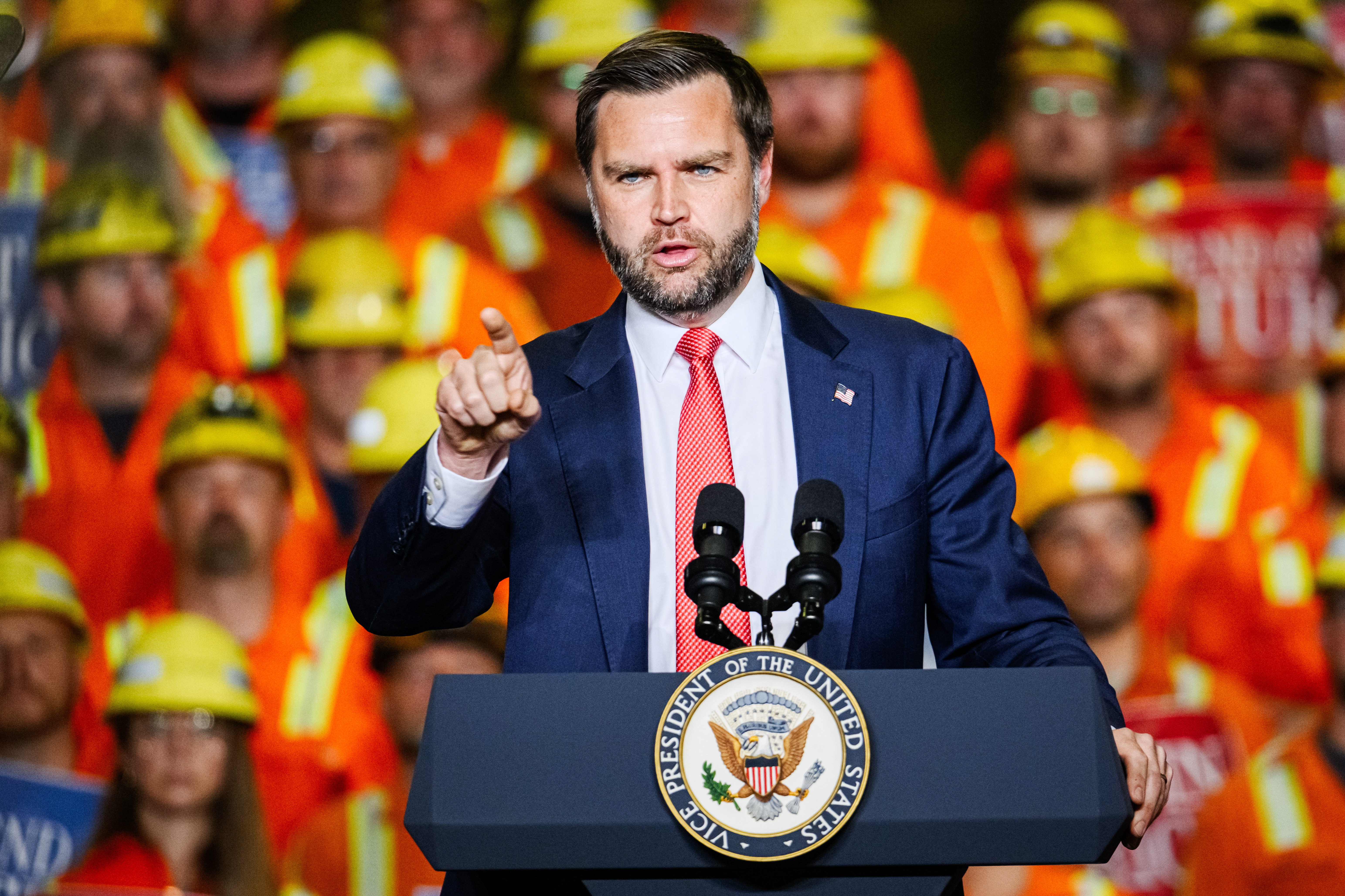Vice President JD Vance speaks at the Cleveland Cliffs Middletown Works, Friday, Aug. 21, 2026, in Middletown, Ohio. (AP Photo/Jon Cherry)