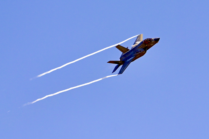 Arlington, Virginia, USA - July 3, 2026: A U.S. Marine Corps F-35 fighter jet flies through the air during an air show practice for the