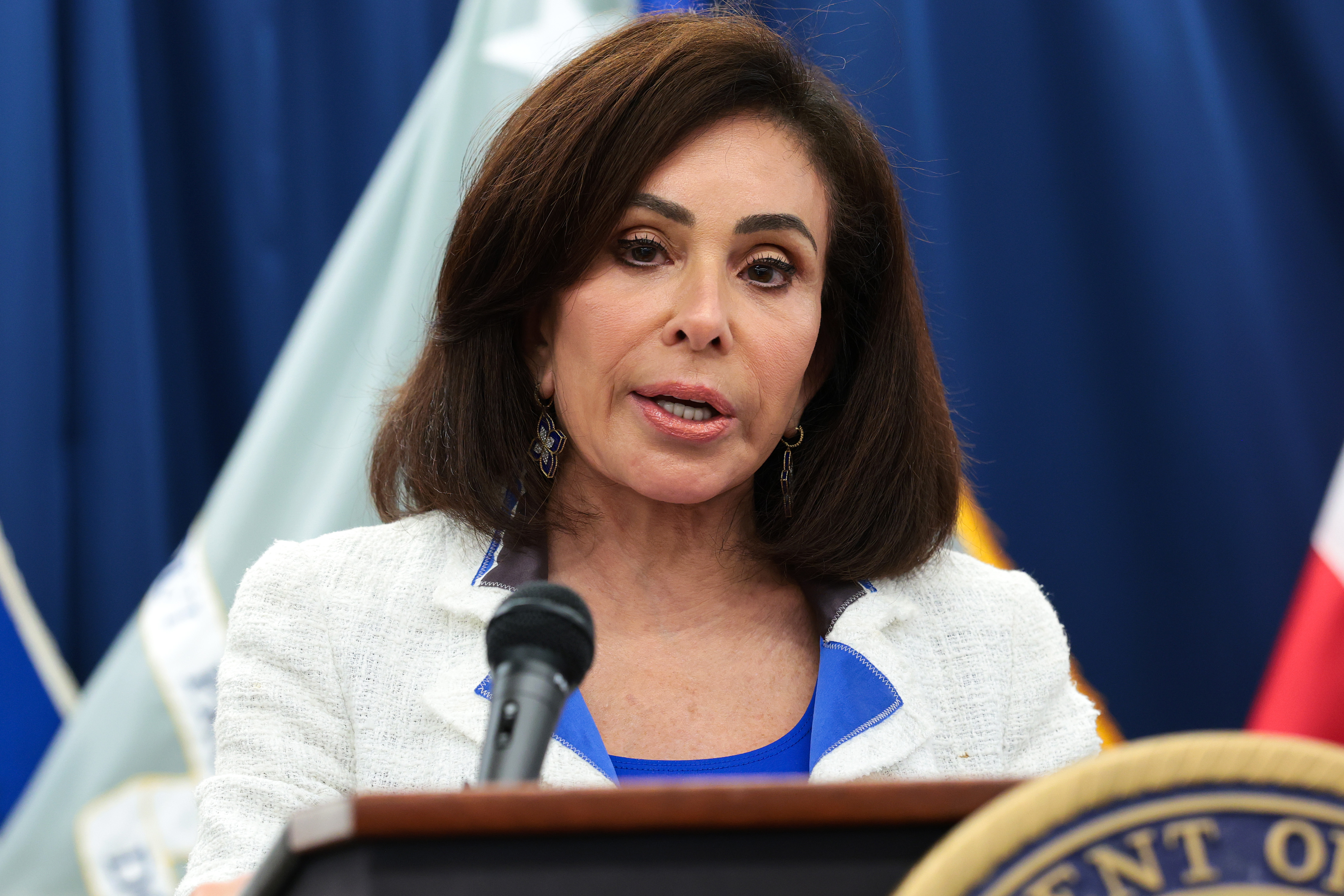 U.S. Attorney for the District of Columbia Jeanine Pirro speaks during a press conference at the U.S. Attorney's Office for the District of Columbia on July 02, 2026 in Washington, DC. Pirro announced that former Olympic canoeist David Hearn has been indicted by a grand jury on charges related to alleged vandalism of the Lincoln Memorial Reflecting Pool. (Photo by Anna Moneymaker/Getty Images)