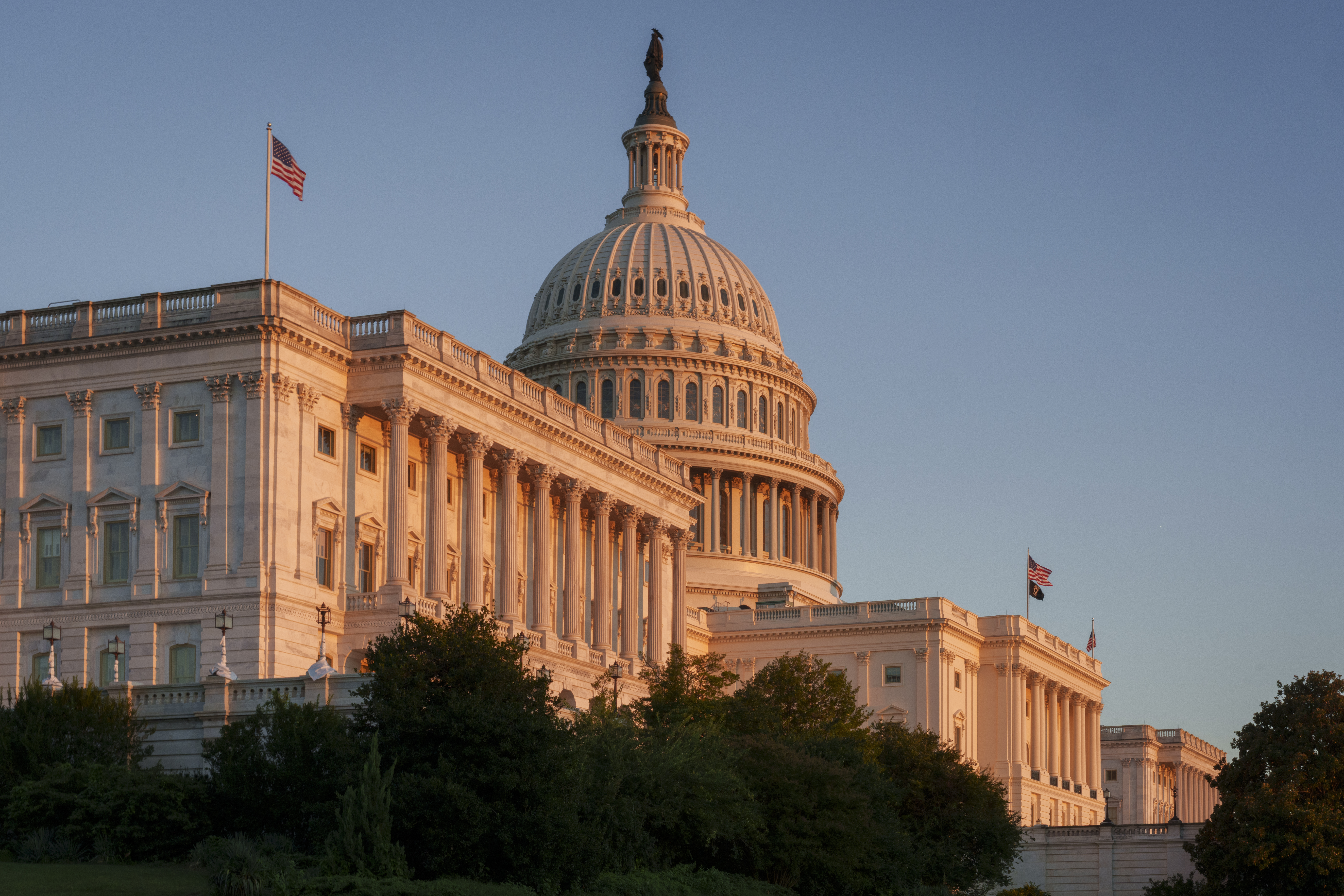 WASHINGTON, DC - SEPTEMBER 14: The setting sun casts a warm glow on the Senate side of the west front of the U.S. Capitol Building on September 14, 2026, in Washington, DC. (Photo by J. David Ake/Getty Images)