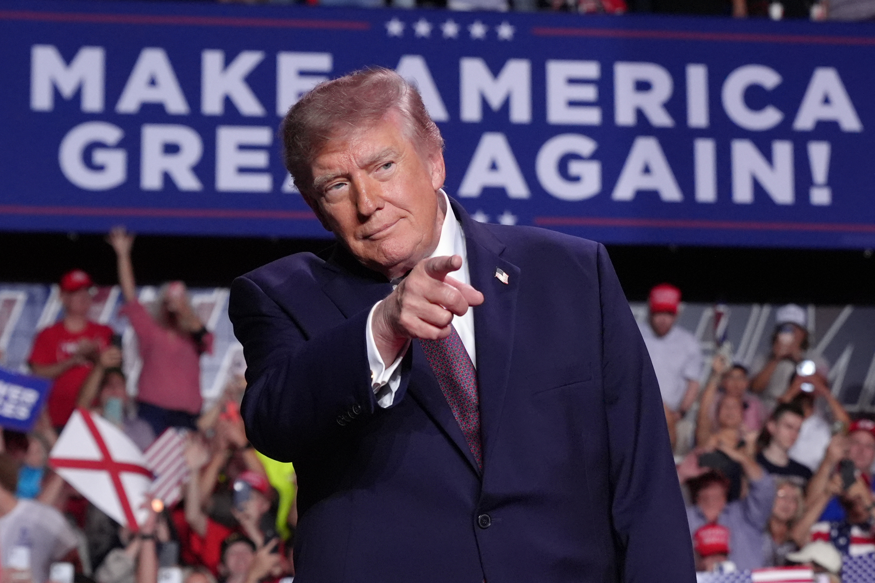 President Donald Trump arrives at a campaign rally at The Mitchell Center in Mobile, Ala., Friday, Oct. 2, 2026. (AP Photo/Jacquelyn Martin)