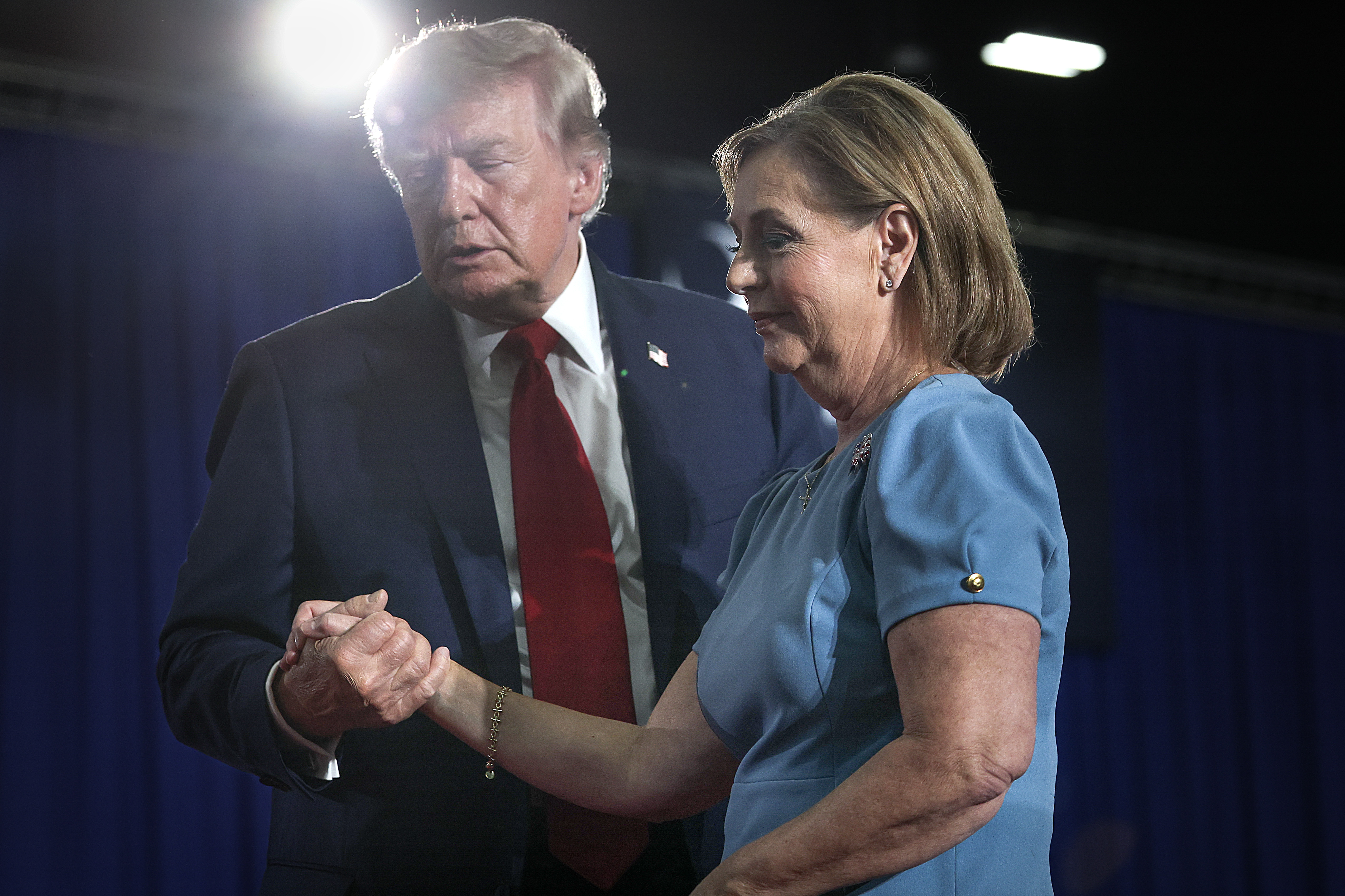 MYRTLE BEACH, SOUTH CAROLINA - AUGUST 21: U.S. President Donald Trump and U.S. Sen. Darline Graham (R-SC) attend a campaign rally on August 21, 2026 in Myrtle Beach, South Carolina. President Trump traveled to South Carolina to join Republican Senate candidate Darline Graham for a campaign rally ahead of Tuesday's runoff election against Ralph Norman. (Photo by Win McNamee/Getty Images)