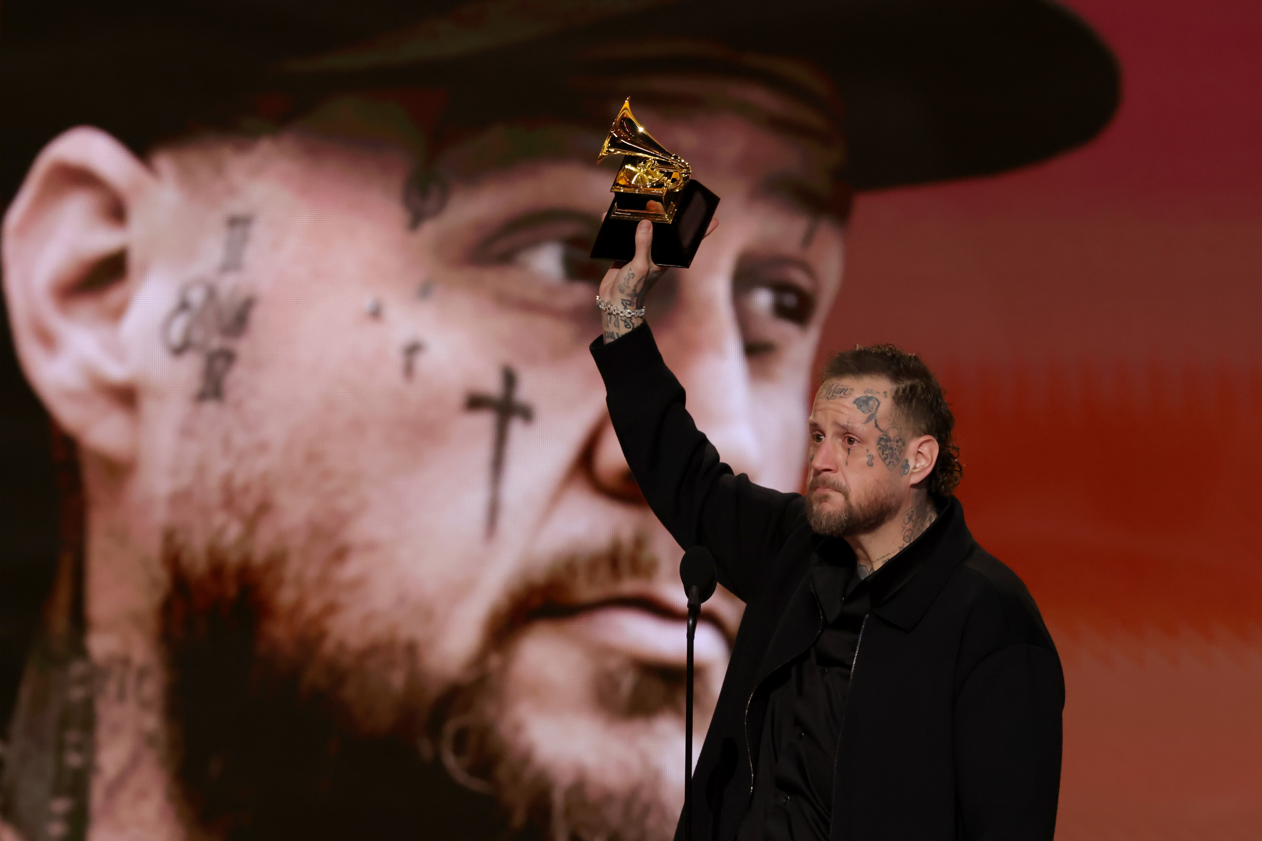 LOS ANGELES, CALIFORNIA - FEBRUARY 01: Jelly Roll accepts the award for Best Contemporary Country Album for