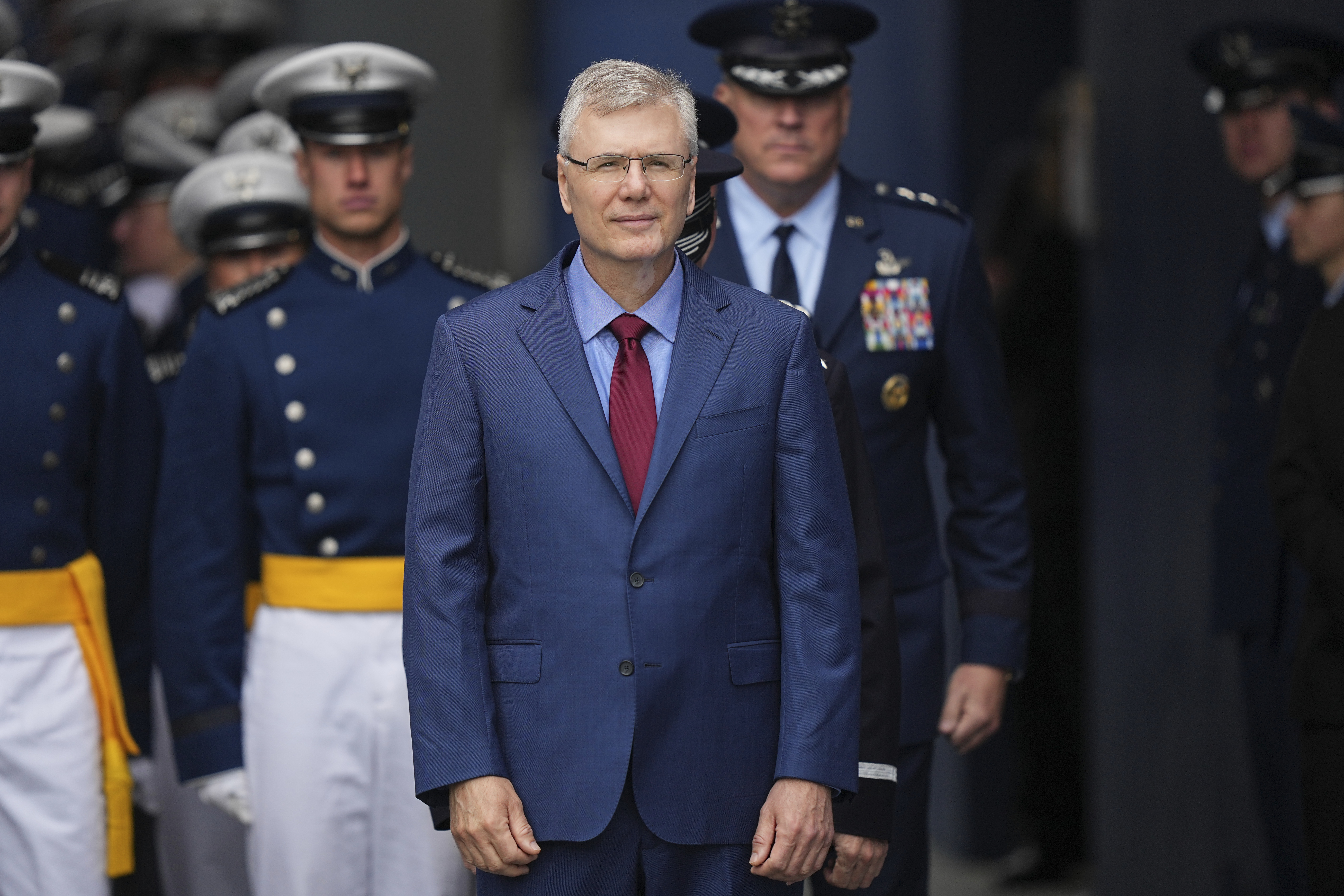 COLORADO SPRINGS, COLORADO - MAY 28:  Secretary of the Air Force Troy Meink arrives to speak at the United States Air Force Academy Graduation Ceremony at Falcon Stadium at the United States Air Force Academy on May 28, 2026 in Colorado Springs, Colorado. A total of 931 graduates will receive their diplomas during the ceremony and enter the Air Force or Space Force to serve for a minimum of 5 years. (Photo by Matt Rourke-Pool/Getty Images)