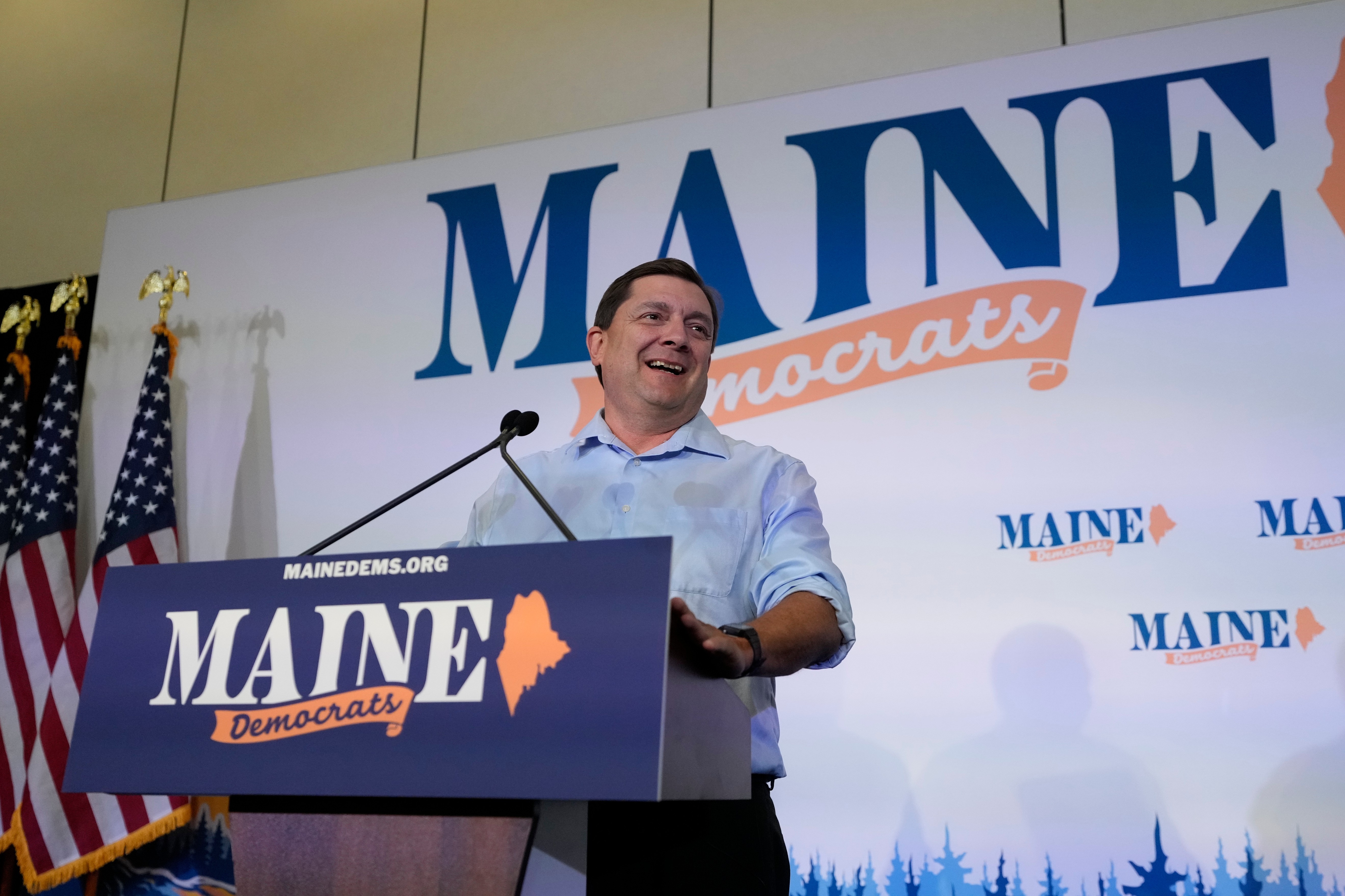 Troy Jackson, Democratic candidate for U.S. Senate, acknowledges applause at the Maine Democratic Nominating Convention, Saturday, July 25, 2026, in Bangor, Maine. (AP Photo/Robert F. Bukaty)