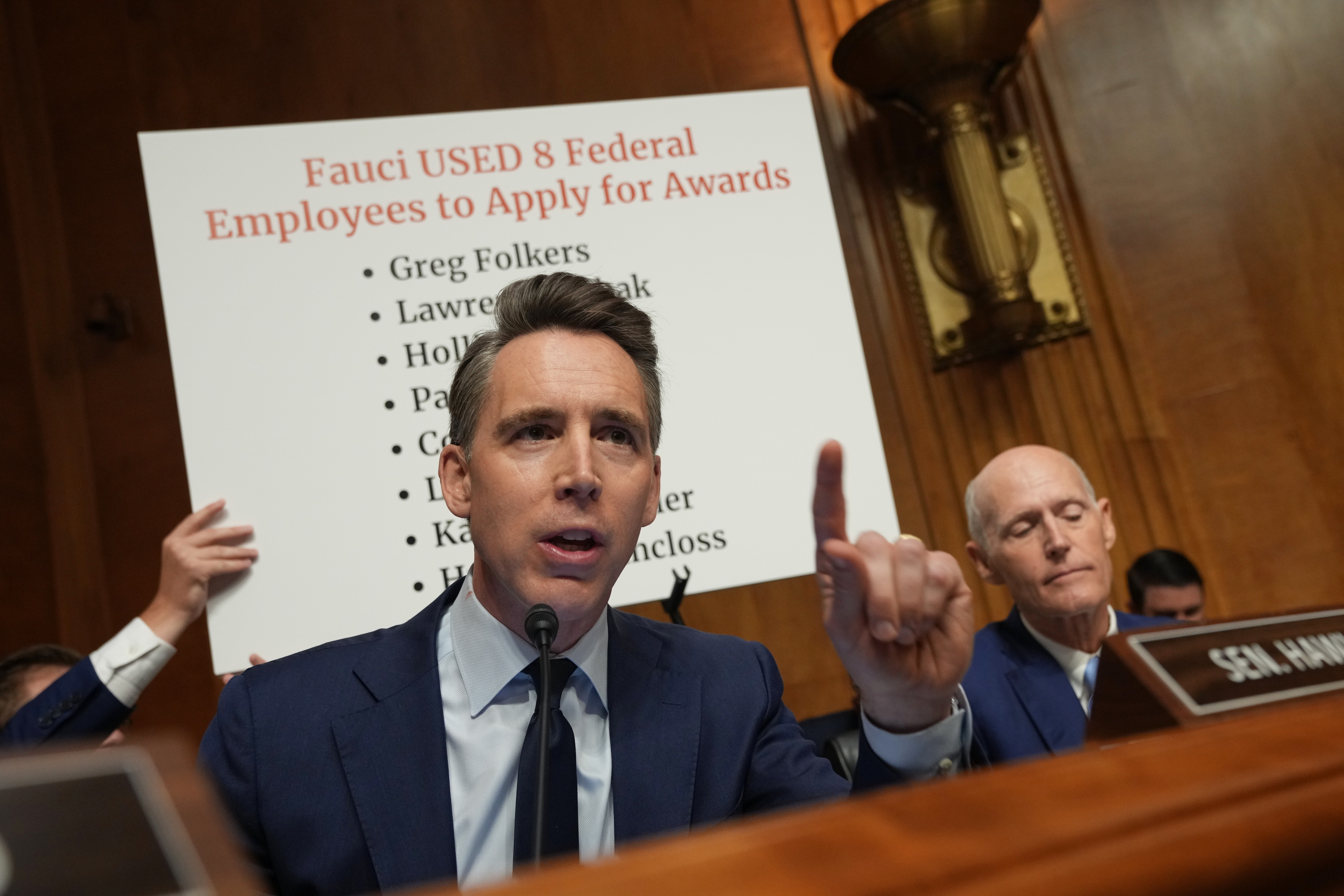 Sen. Josh Hawley, R-Mo., speaks as Dr. Anthony Fauci appears before the Senate Homeland Security and Governmental Affairs Committee at the Capitol, Wednesday, July 29, 2026, in Washington. (AP Photo/Allison Robbert)