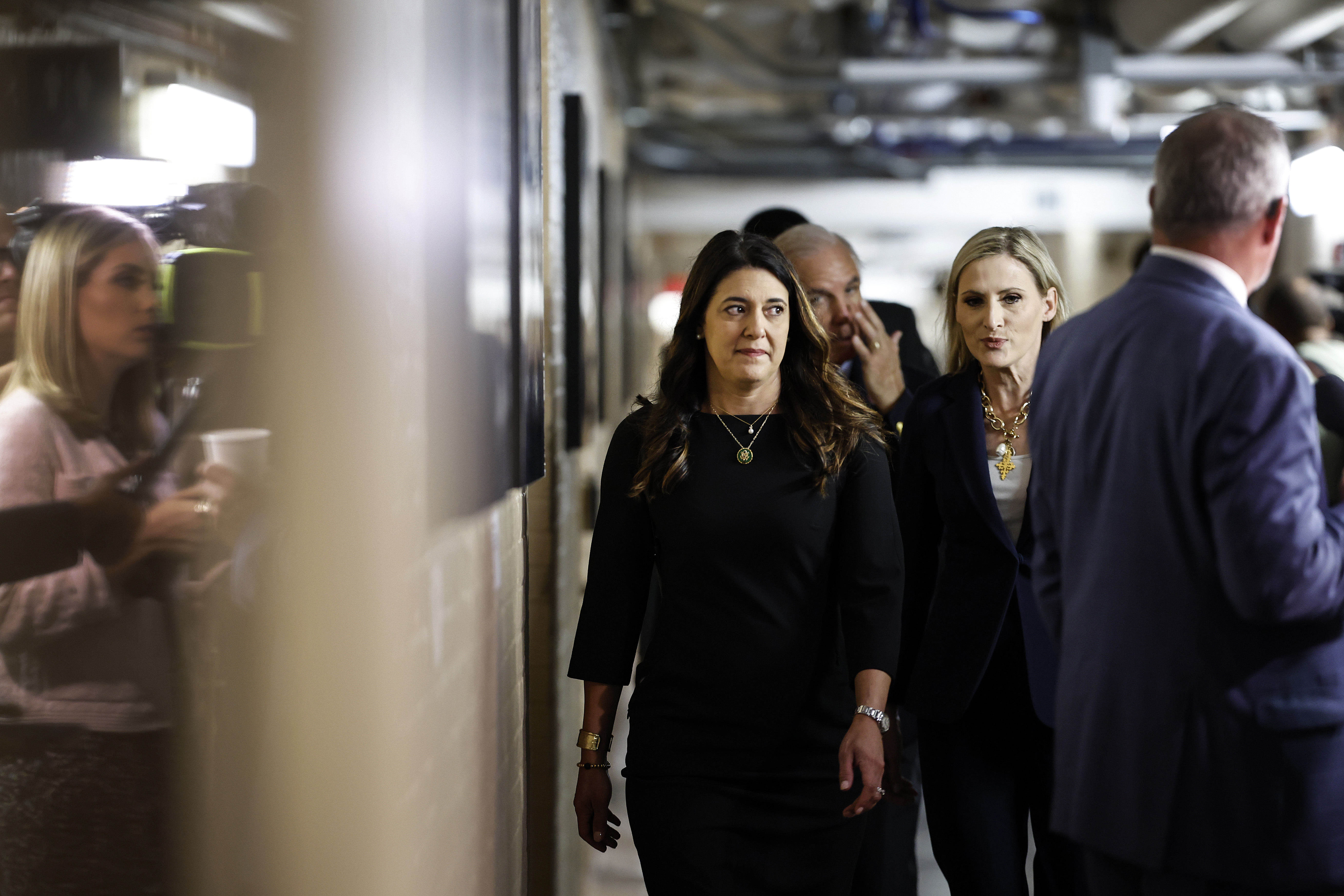 WASHINGTON, DC - SEPTEMBER 13: Rep. Stephanie Bice (R-OK) and Rep. Laurel Lee (R-FL) arrive to a Republican caucus meeting  at the U.S. Capitol Building on September 13, 2023 in Washington, DC. Congressional Republicans met for the first time since their return from August Recess with several items to discuss including U.S. Speaker of the House Kevin McCarthy's announcement of the start of an impeachment inquiry against U.S. President Joe Biden and government funding legislation. (Photo by Anna Moneymaker/Getty Images)
