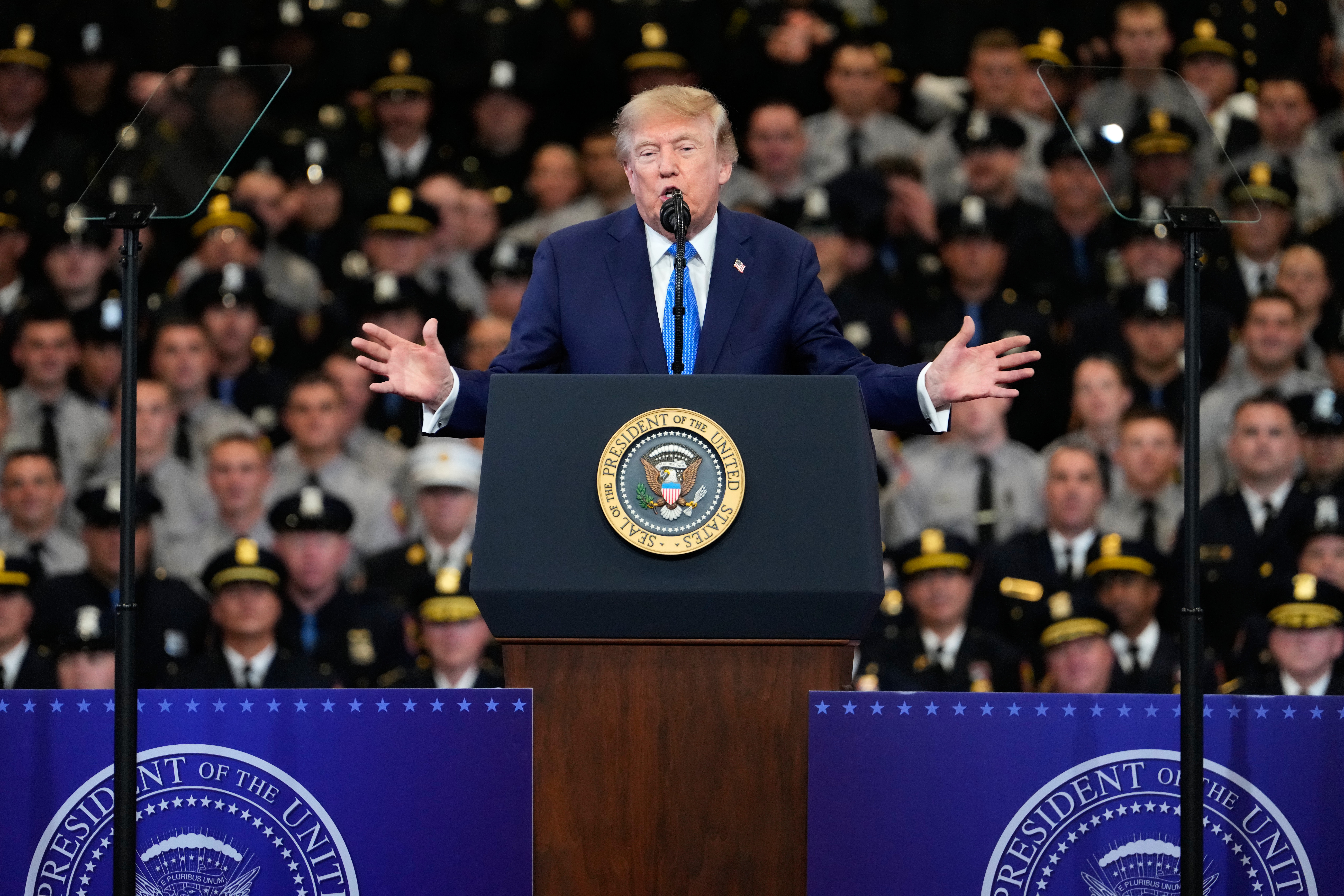 President Donald Trump speaks at the David Mack Center for Training and Intelligence, Friday, Aug. 14, 2026, in Garden City, N.Y. (AP Photo/Yuki Iwamura)