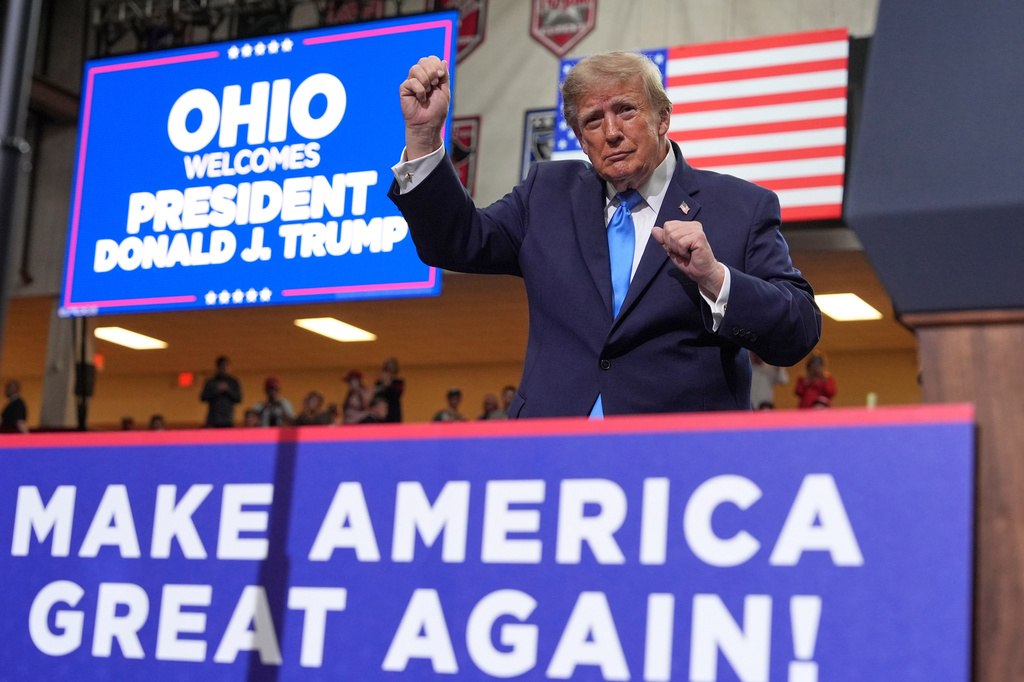 President Donald Trump dances as he departs after speaking during an event at Butler High School in Vandalia, Ohio, Saturday, Oct. 3, 2026. (AP Photo/Mark Schiefelbein)
