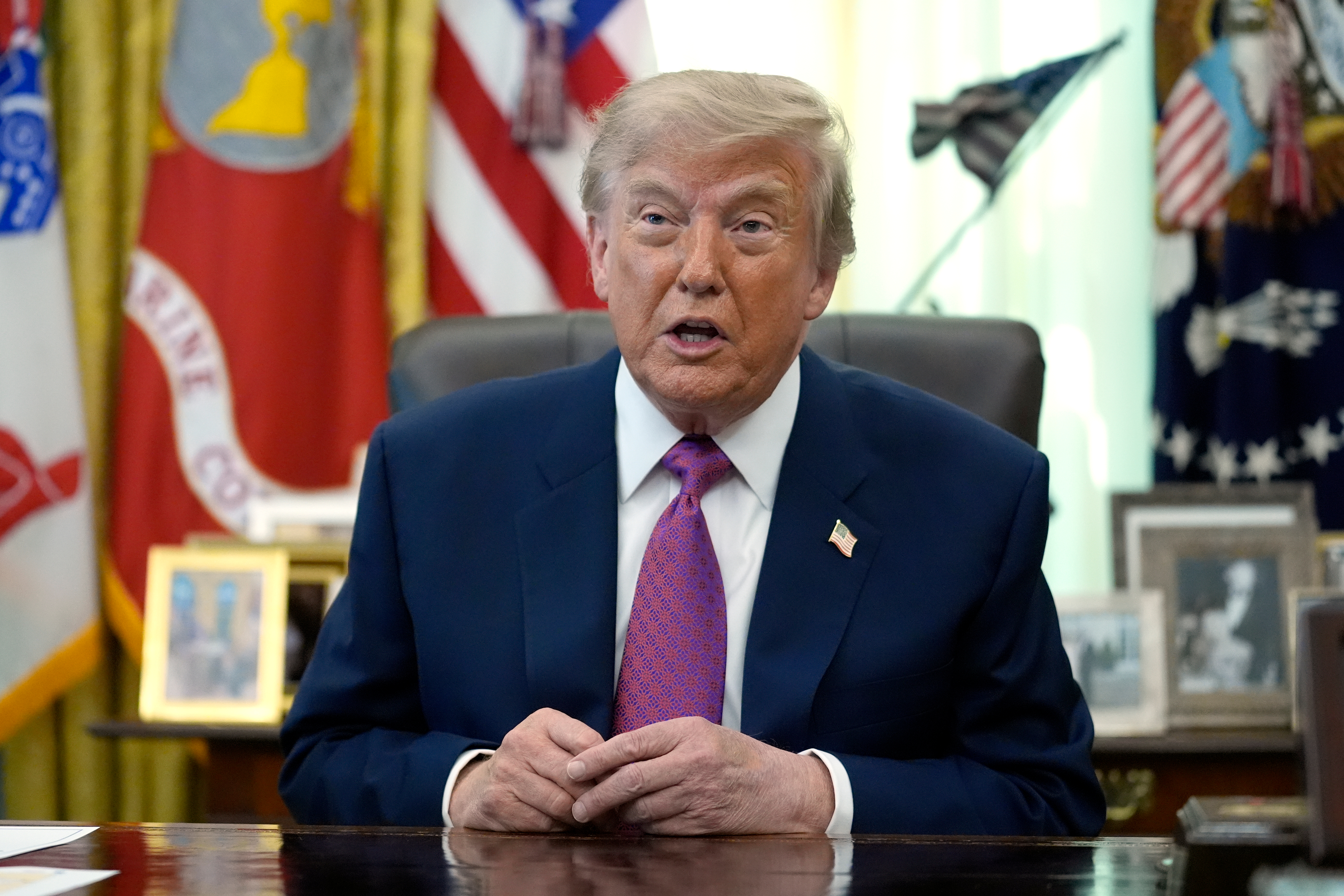 President Donald Trump speaks in the Oval Office of the White House, Thursday, Aug. 27, 2026, in Washington. (AP Photo/Manuel Balce Ceneta)