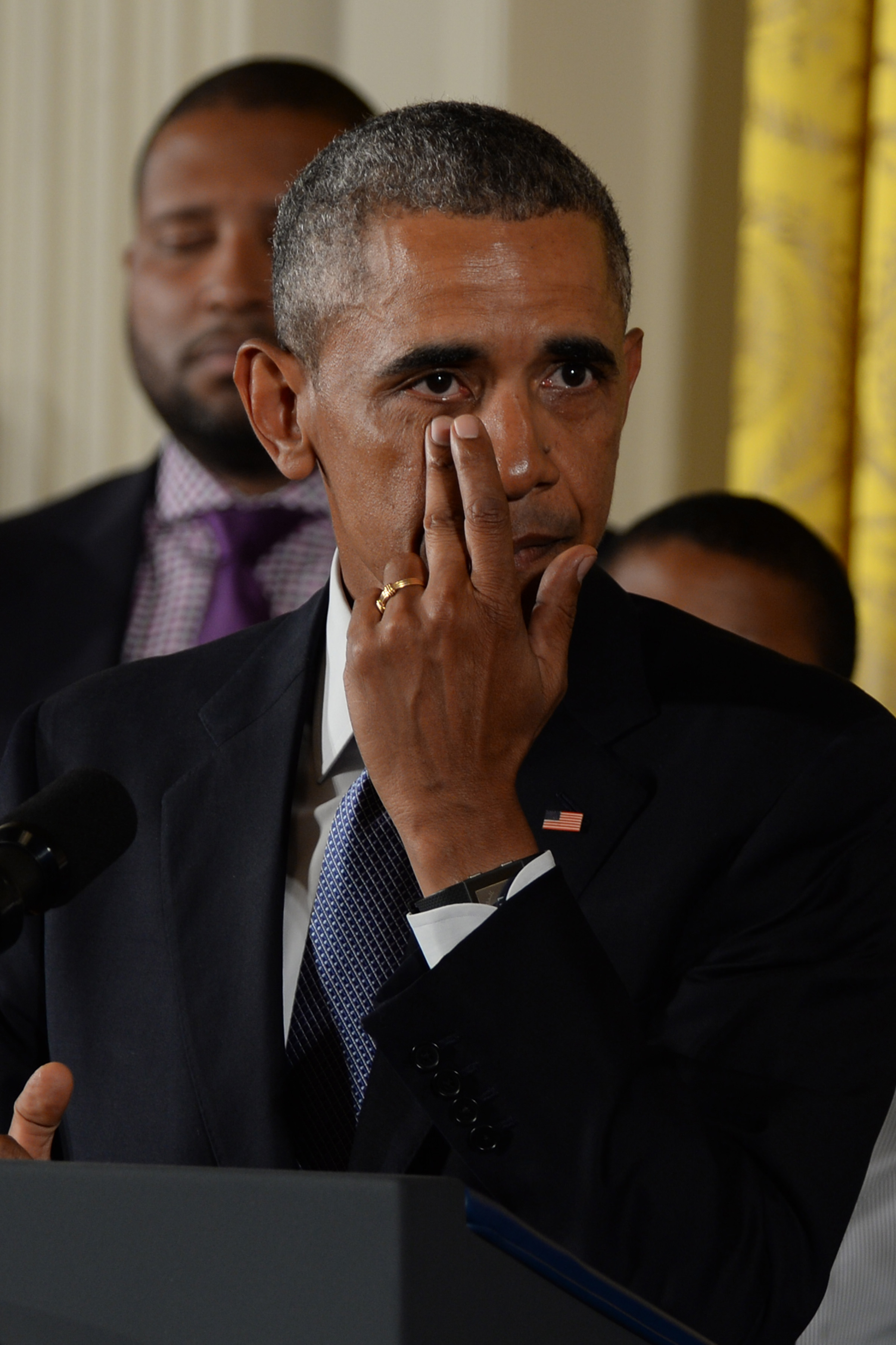1/3/16 The White House, Washington DC President Barack Obama delivers remarks in the East Room of the White House on reducing gun violence and making our communities safer. President Obama becomes emotional and sheds tears as he speaks of the children killed at Sandy Hook Elementary School. President Obama photos by: Christy Bowe - ImageCatcher News (Photo by Christy Bowe/Corbis via Getty Images)