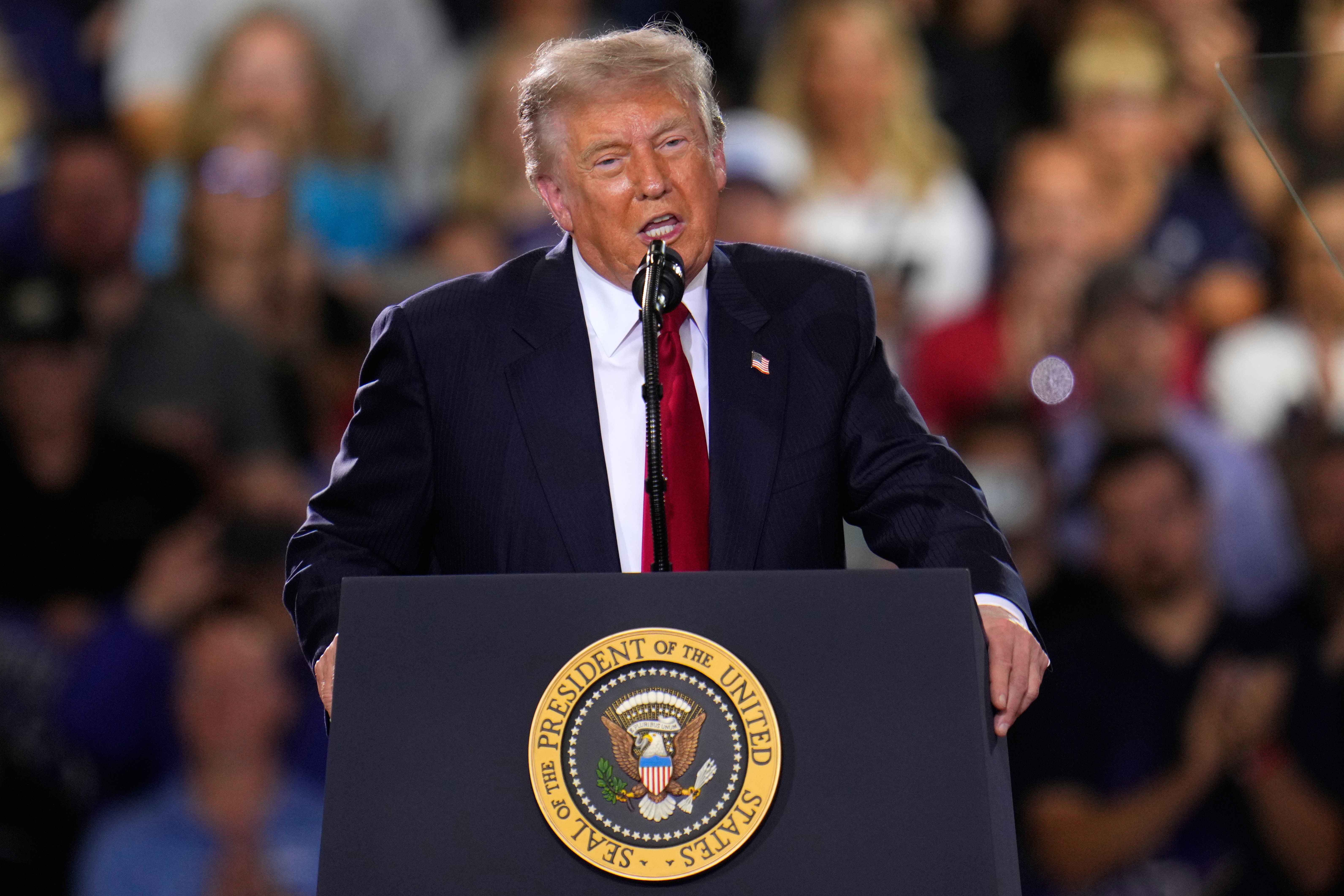 President Donald Trump speaks at an event at the General Motors Proving Ground Monday, July 27, 2026, in Milford, Mich. (AP Photo/Paul Sancya)