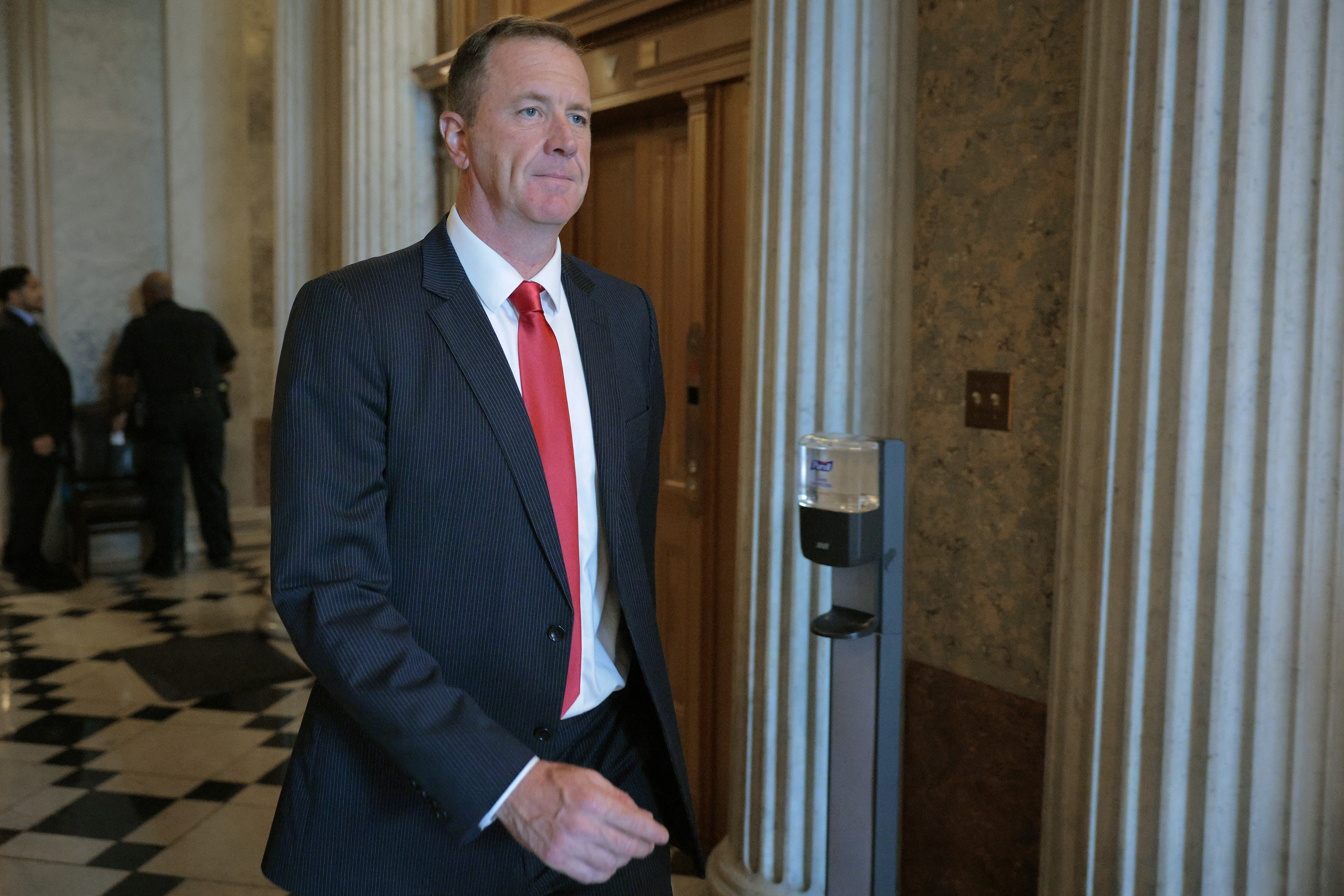 WASHINGTON, DC - AUGUST 01: Sen. Eric Schmitt (R-MO) leaves the Senate Chamber following a vote at the U.S. Capitol on August 01, 2025 in Washington, DC. Senate Majority Leader John Thune (R-SD), Senate Minority Leader Charles Schumer (D-NY) and White House officials are negotiating a way forward with nominations and appropriations bills ahead of the Congressional August recess. (Photo by Chip Somodevilla/Getty Images)