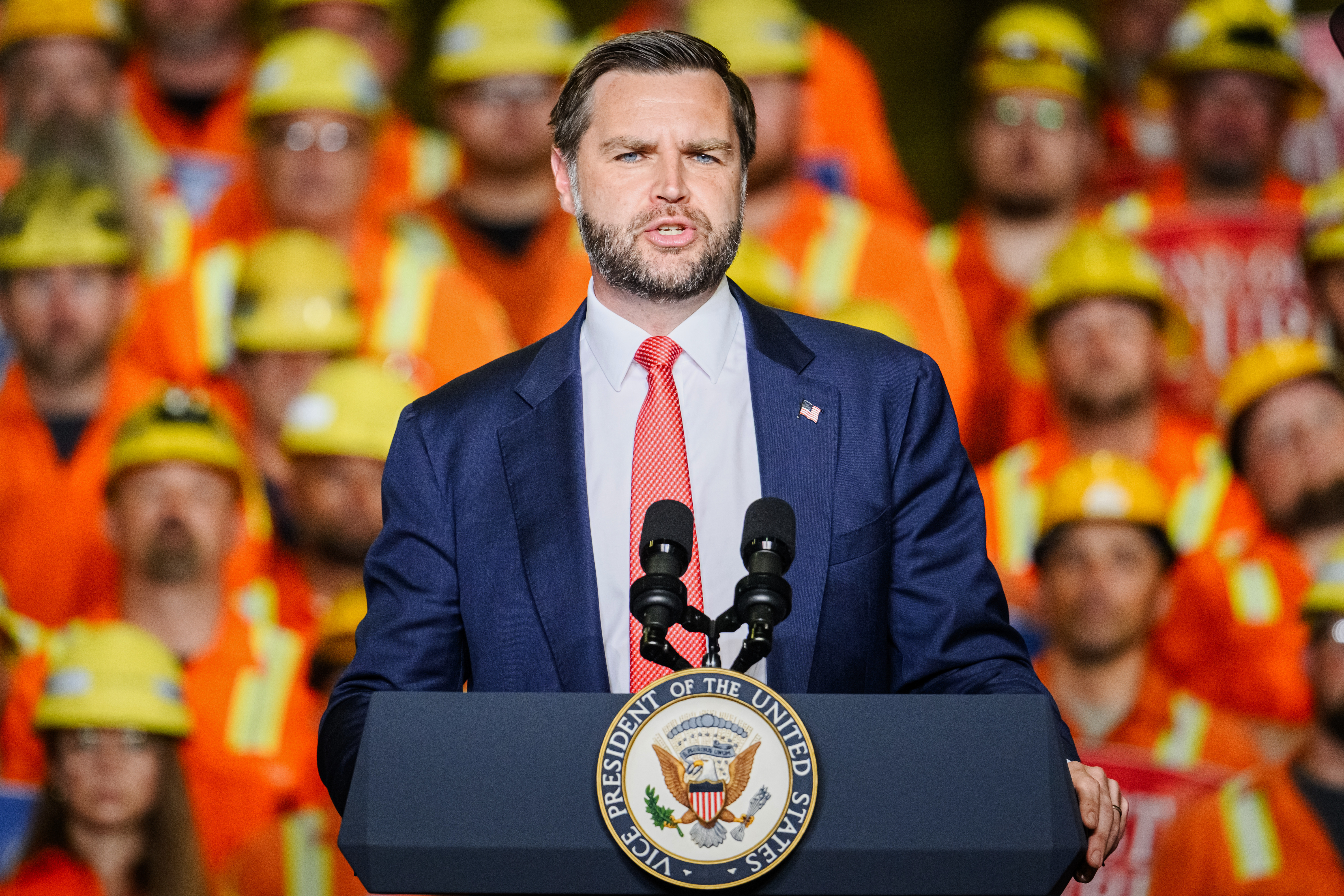 Vice President JD Vance speaks at the Cleveland Cliffs Middletown Works, Friday, Aug. 21, 2026, in Middletown, Ohio. (AP Photo/Jon Cherry)