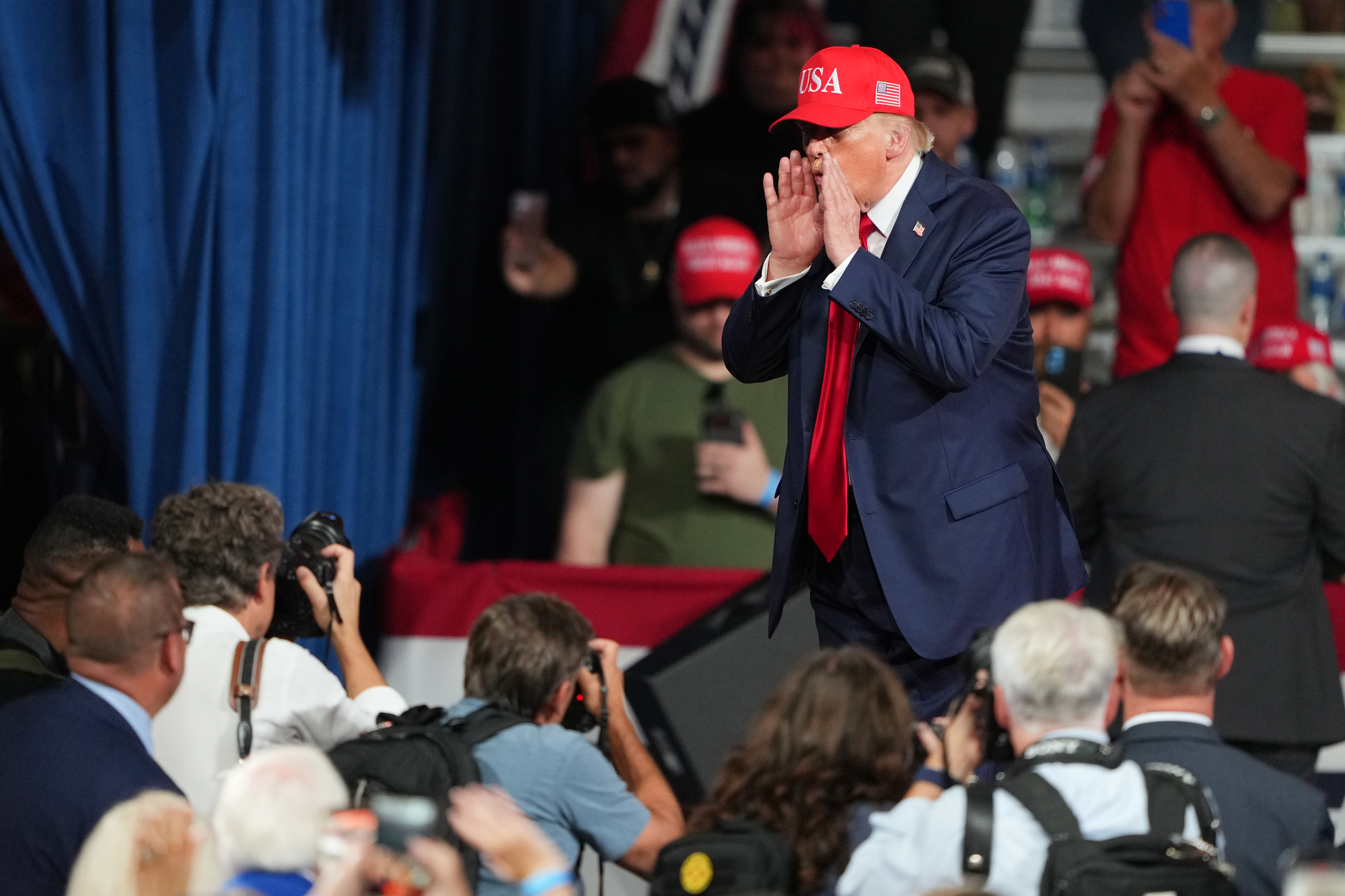 President Donald Trump speaks to the audience during a campaign rally at the Gastonia Municipal Airport, Wednesday, Sept. 16, 2026, in Gastonia, N.C. (AP Photo/Matt Kelley)