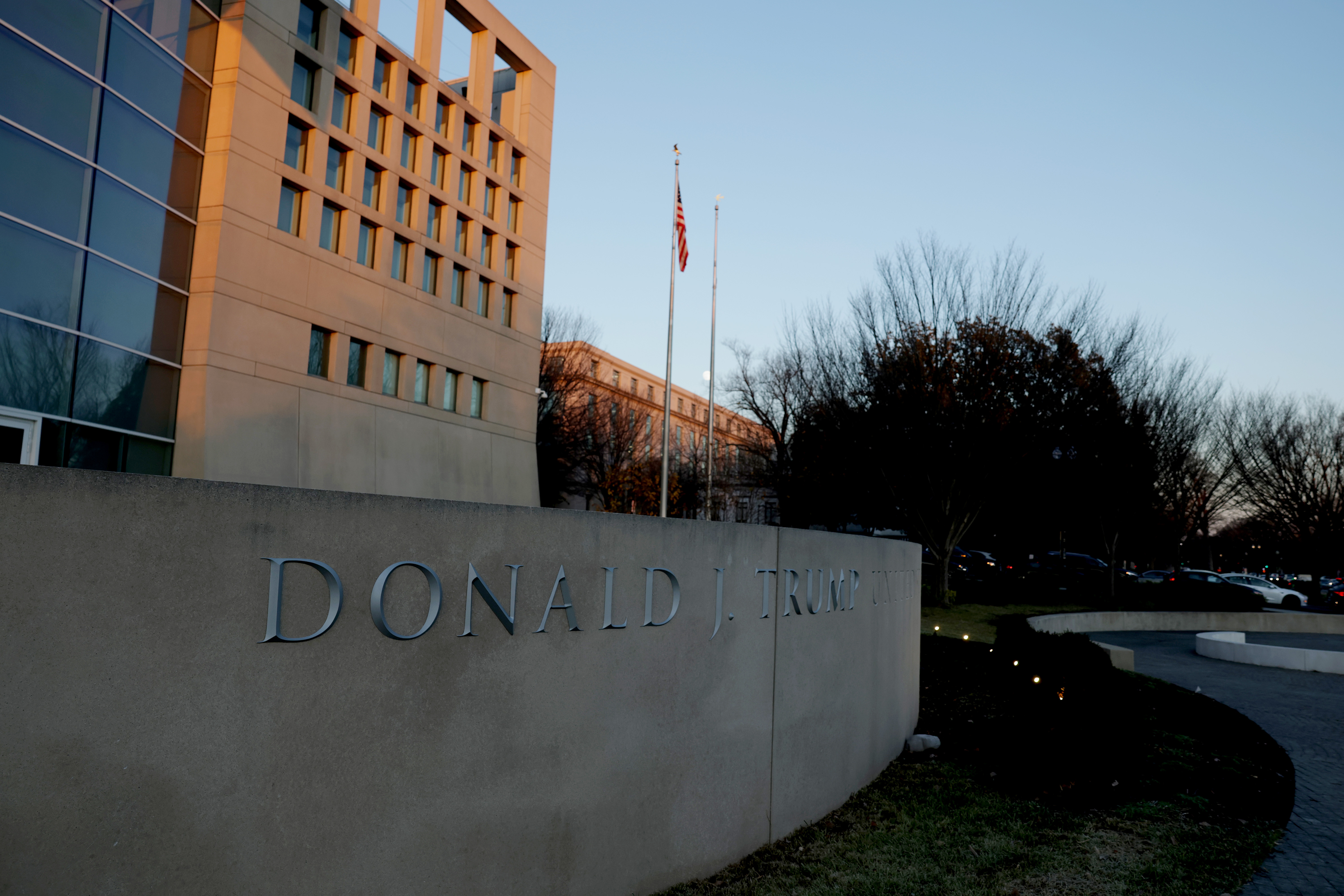 President Donald Trump's name was recently seen on the exterior of the United States Institute of Peace (USIP) headquarters building on December 03, 2025, in Washington, DC. This addition was made ahead of the Trump administration hosting a deal-signing between the leaders of Rwanda and the Democratic Republic of Congo. (Photo by Anna Moneymaker/Getty Images)