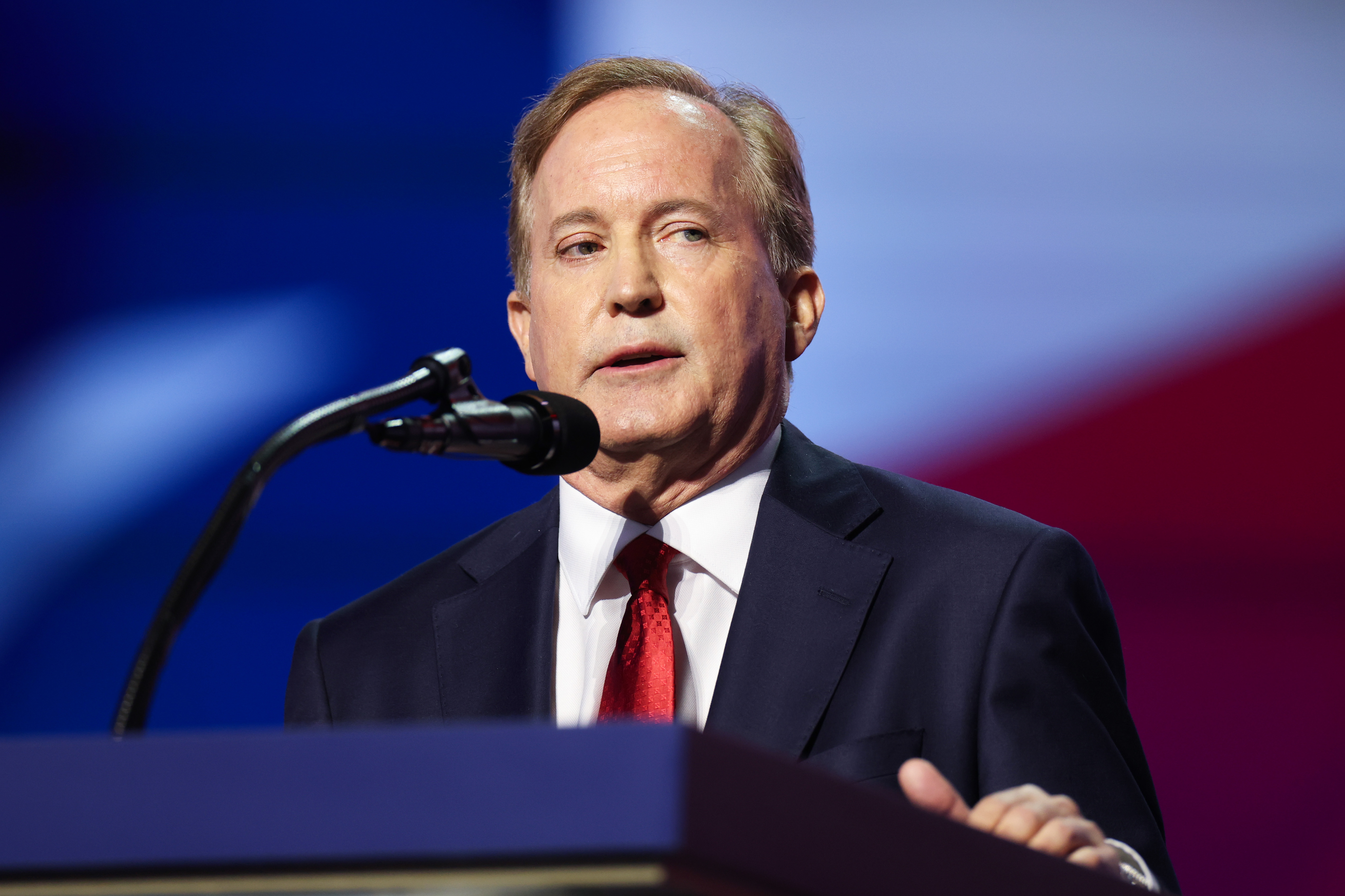 DALLAS, TEXAS - SEPTEMBER 09: Texas Republican Senate candidate, Texas Attorney General Ken Paxton speaks on stage on the first day of the 2026 Republican National Convention at the American Airlines Center on September 09, 2026 in Dallas, Texas. U.S. President Donald Trump will headline the Republican National Committee's first-ever midterm convention as he aims to highlight his administration’s achievements and rally support for GOP candidates just two months before the upcoming elections being held on November 3. (Photo by Kevin Dietsch/Getty Images)