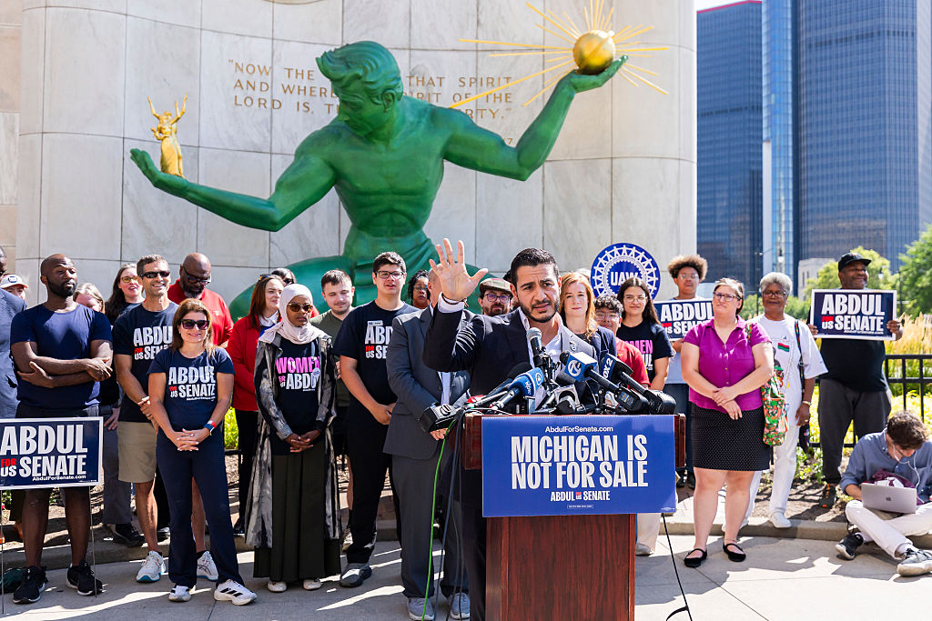 DETROIT, MICHIGAN - AUGUST 05: Michigan Democratic Senate primary winner Abdul El-Sayed speaks during a press conference in front of the Spirit of Detroit statue on August 05, 2026 in Detroit, Michigan. Sayed called on Michiganders to unite against Mike Rodgers as well as challenging him to multiple debates.  (Photo by Finn Gomez/Getty Images)