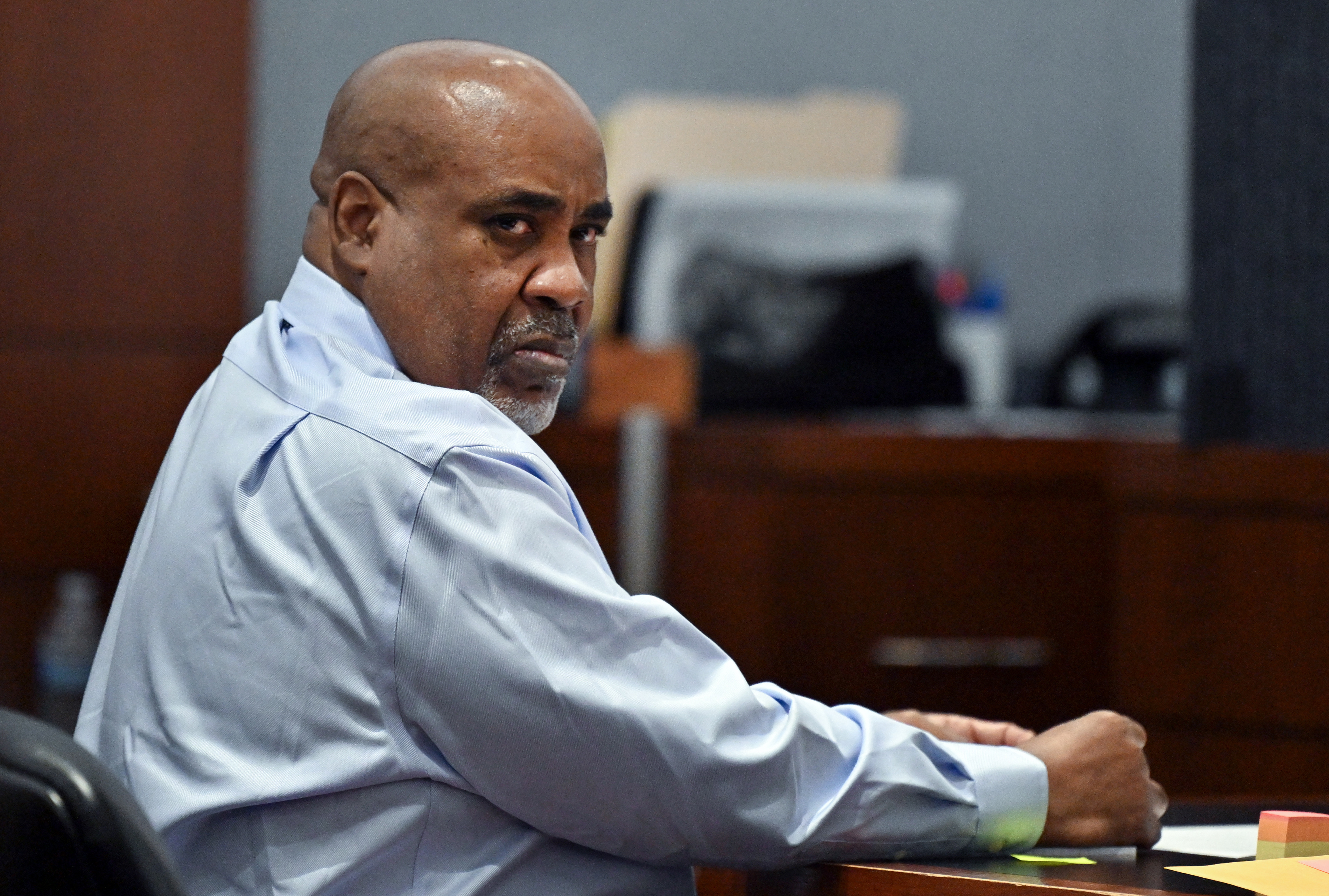 Duane Davis looks on during the first day of jury selection in his murder trial related to the 1996 killing of rapper Tupac Shakur at Clark County District Court Regional Justice Center on Monday, Aug. 10, 2026, in Las Vegas. (David Becker/Pool Photo via AP)