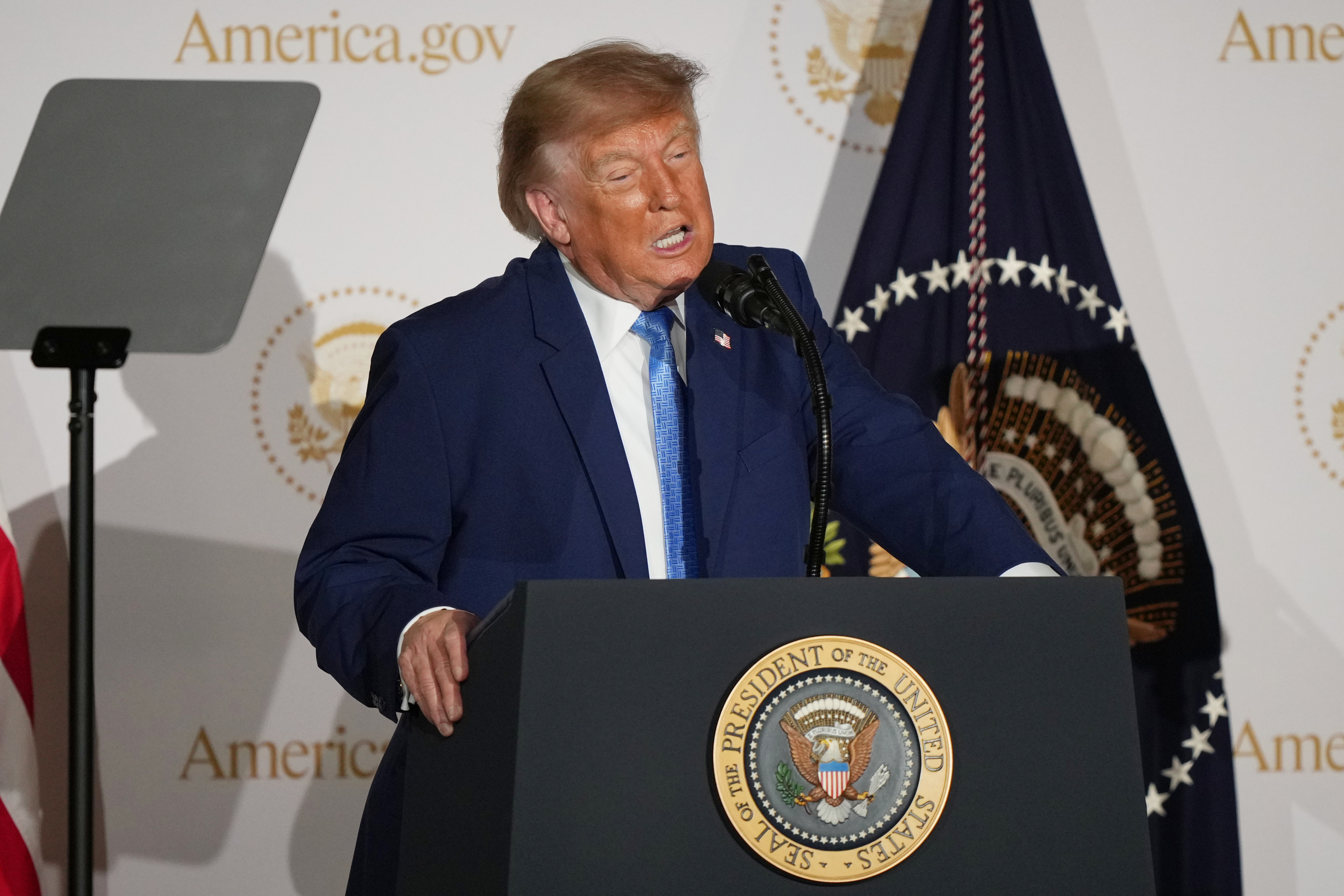 President Donald Trump speaks during an event to mark the launch of the America.gov website, Tuesday, Sept. 29, 2026, in Washington. (AP Photo/Mark Schiefelbein)