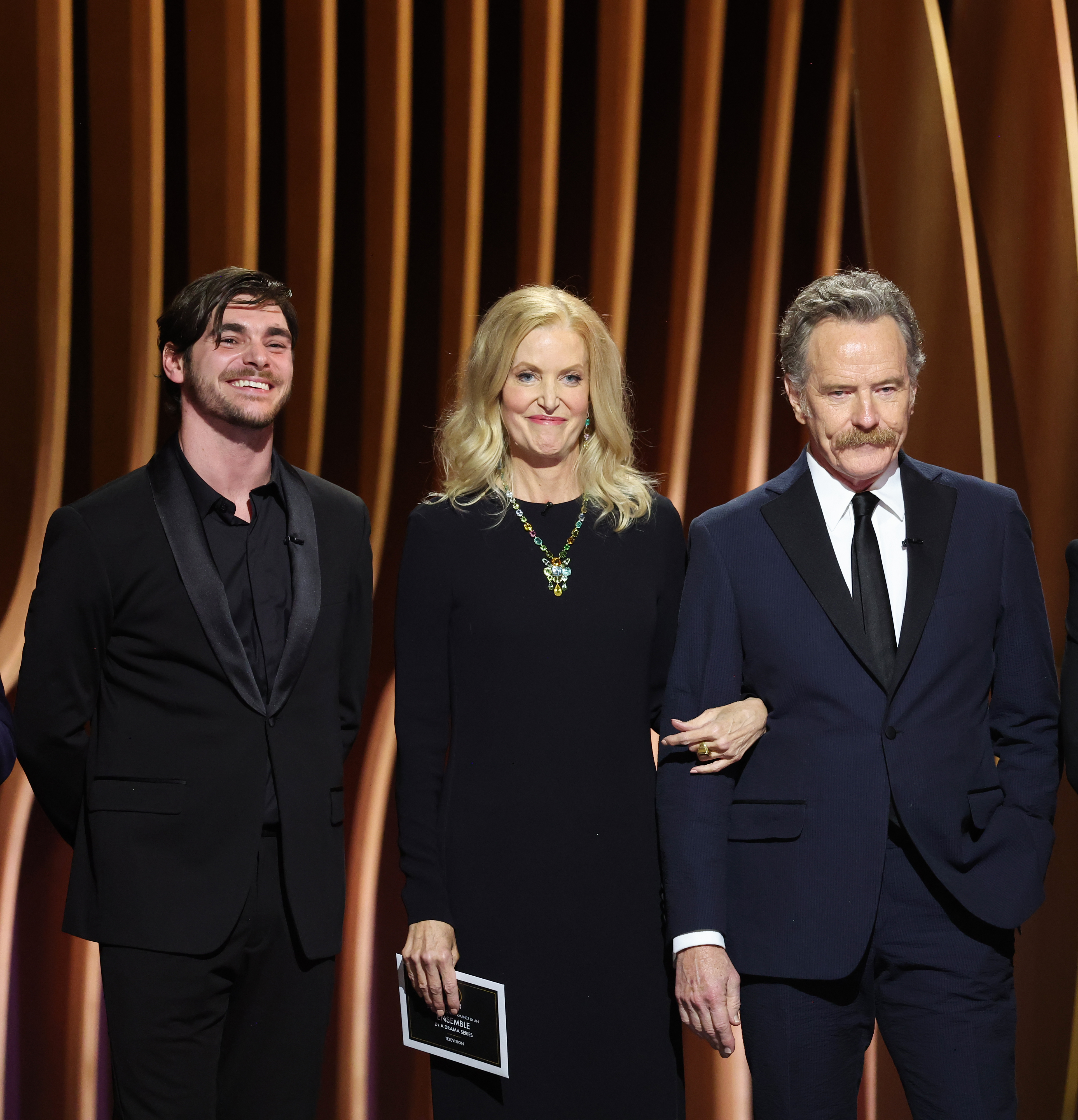 LOS ANGELES, CALIFORNIA - FEBRUARY 24: (L-R) RJ Mitte, Anna Gunn, and Bryan Cranston speak onstage during the 30th Annual Screen Actors Guild Awards at Shrine Auditorium and Expo Hall on February 24, 2024 in Los Angeles, California. (Photo by Matt Winkelmeyer/Getty Images)